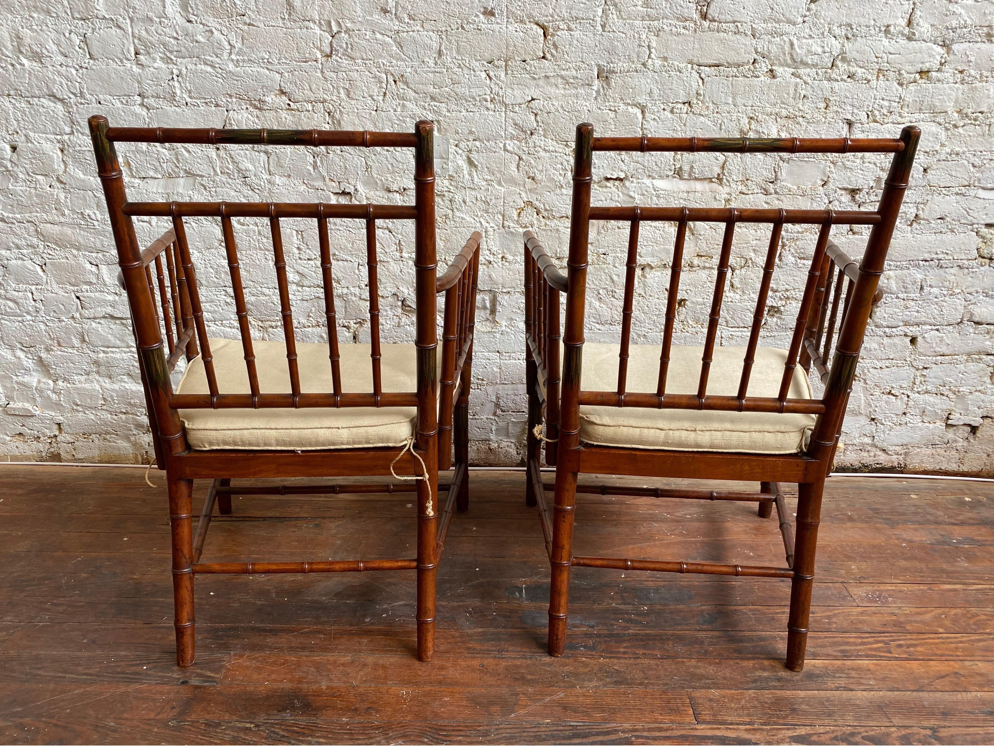 Incredible Pair of Faux Bamboo Chairs with Polychrome Paint Decoration 2