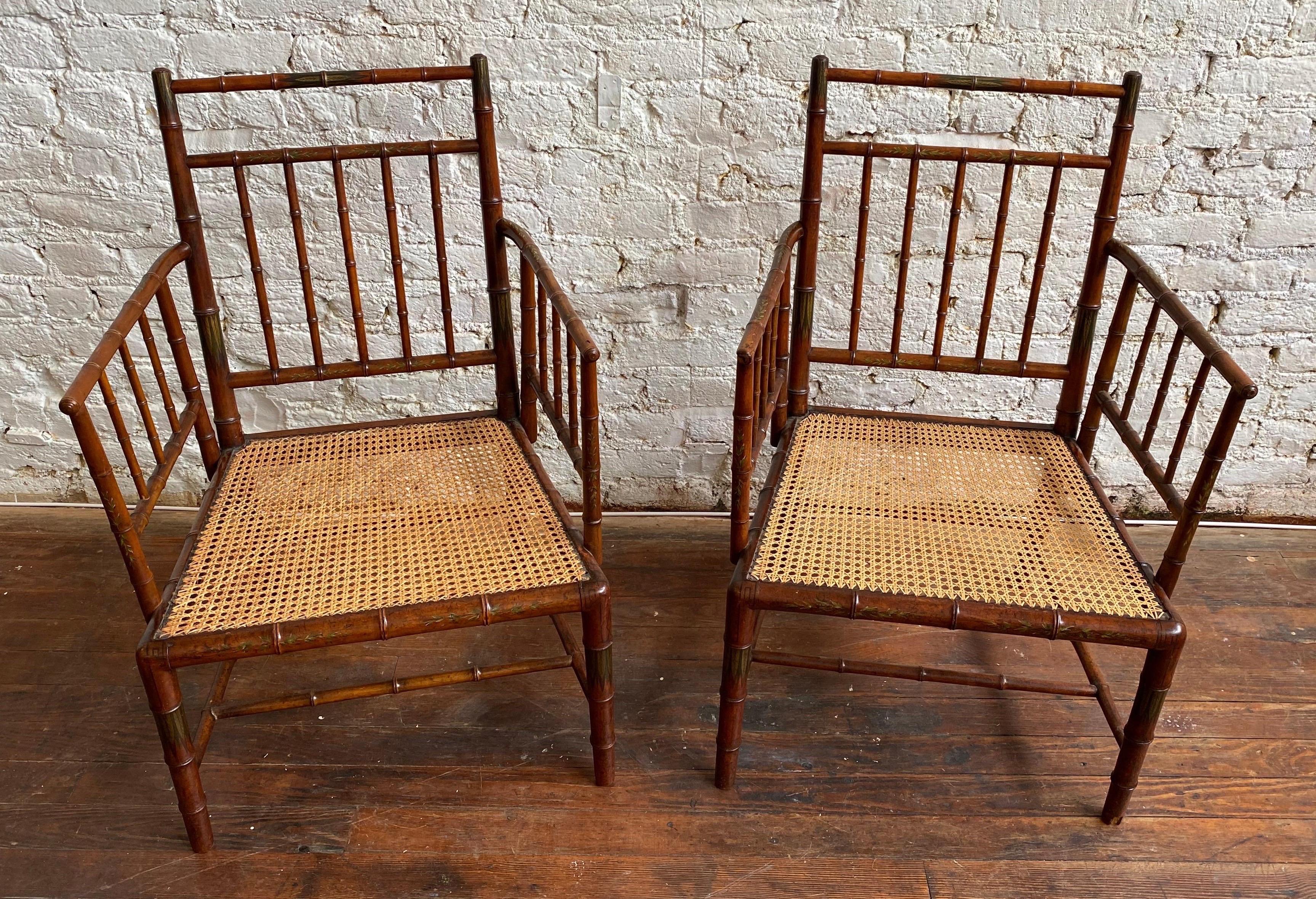 Incredible Pair of Faux Bamboo Chairs with Polychrome Paint Decoration 4