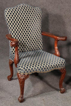 Incredible Pair of Carved Mahogany Lion Head English Regency Lounge Armchairs