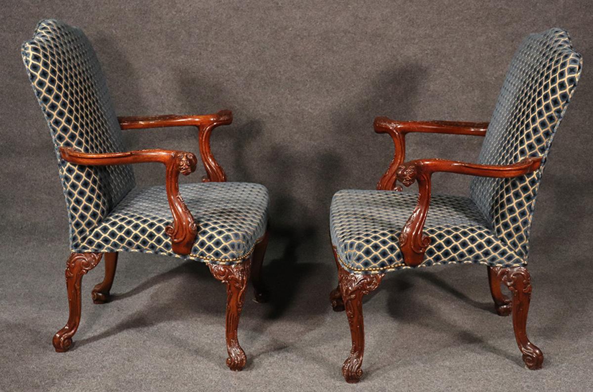 Incredible Pair of Carved Mahogany Lion Head English Regency Lounge Armchairs 1