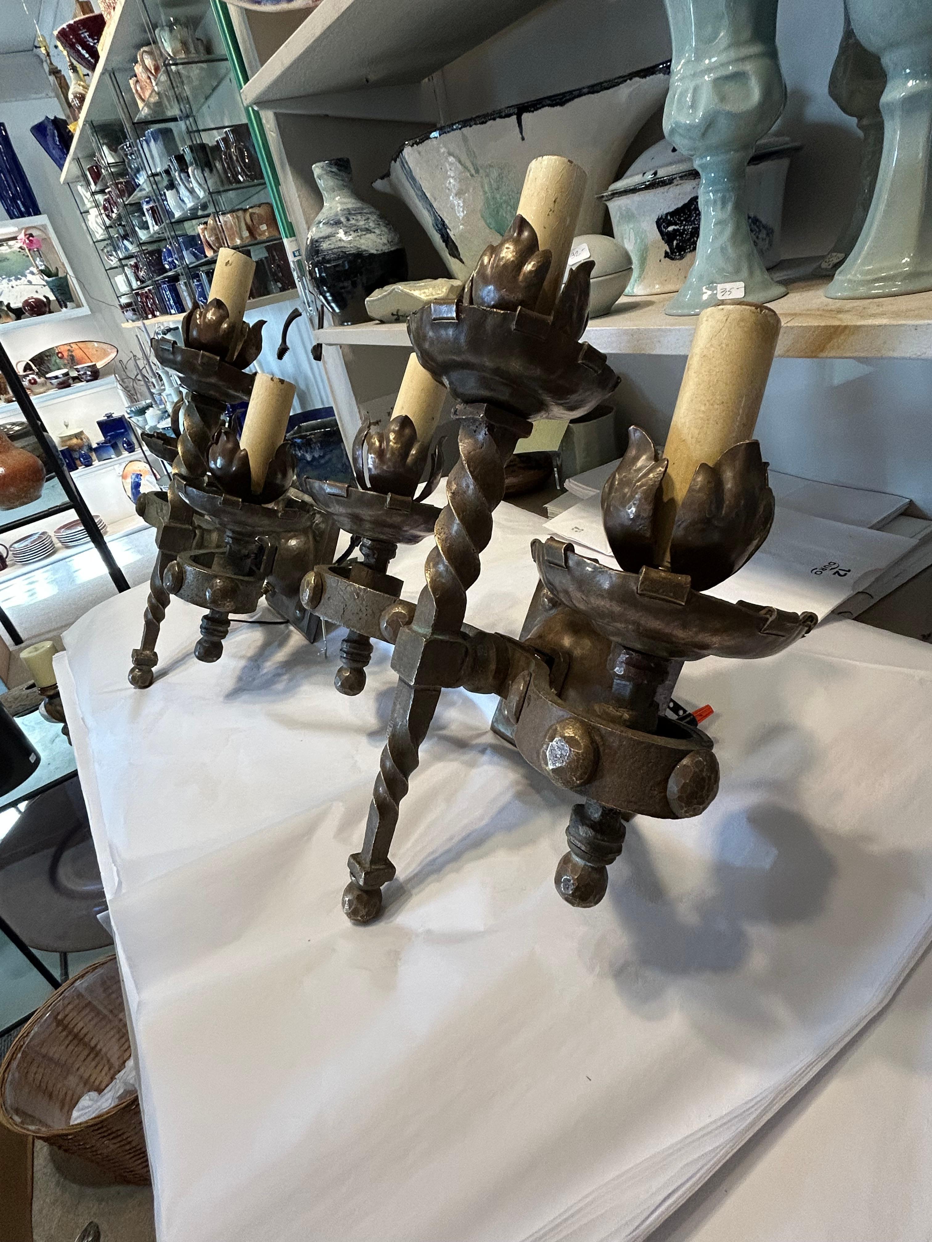 Incredible Pair of Antique French Heavy Bronze Gothic Sconces For Sale 7