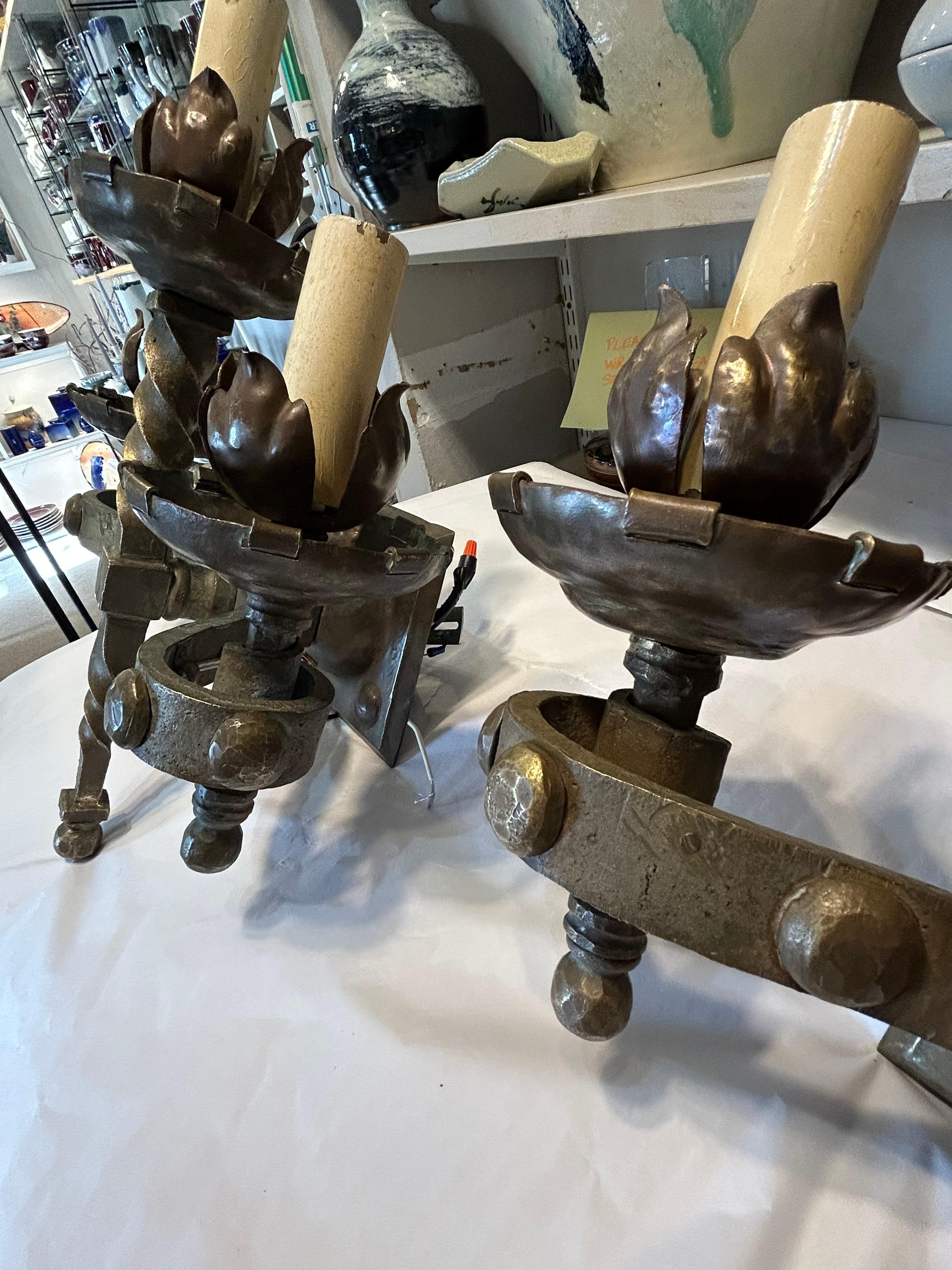 Incredible Pair of Antique French Heavy Bronze Gothic Sconces For Sale 8