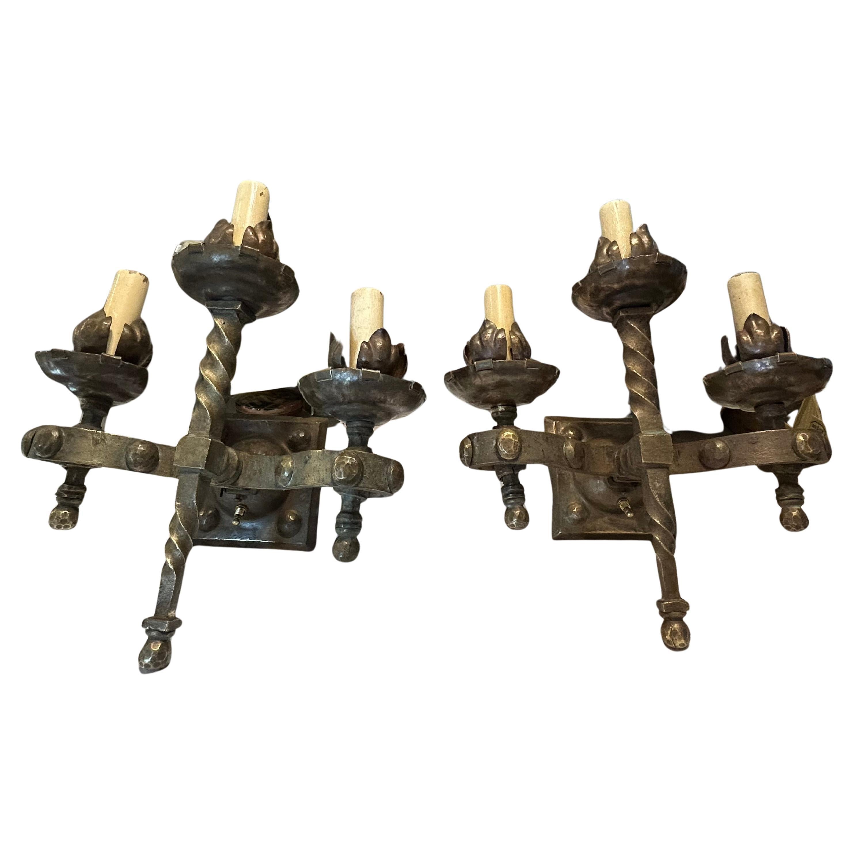 Incredible Pair of Antique French Heavy Bronze Gothic Sconces For Sale