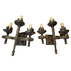 Incredible Pair of Antique French Heavy Bronze Gothic Sconces