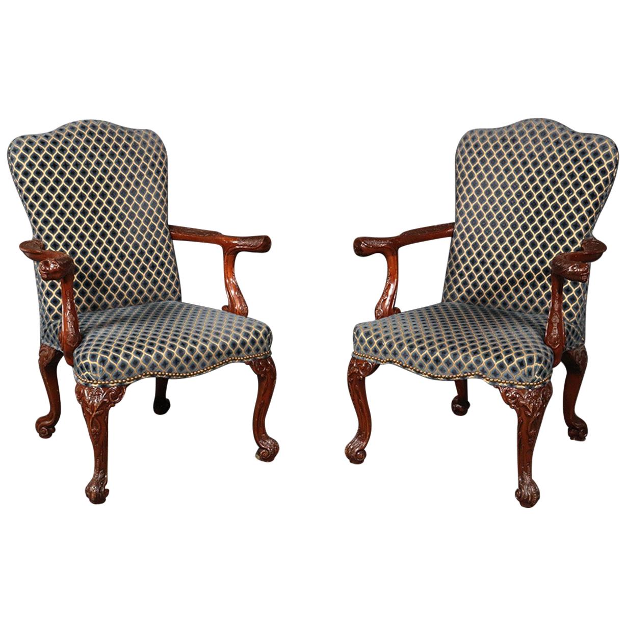 Incredible Pair of Carved Mahogany Lion Head English Regency Lounge Armchairs