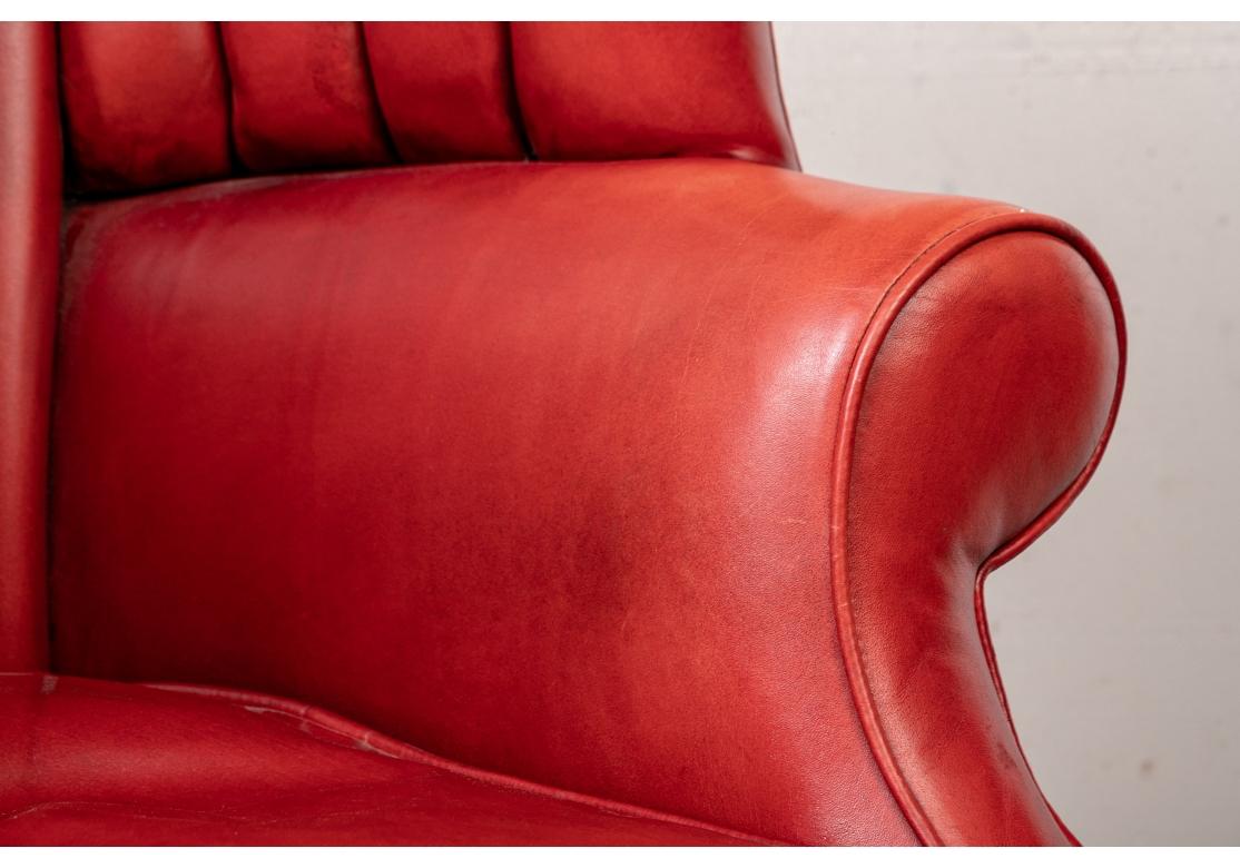 Incredible Pair Of Compatible Lipstick Red Leather Wing Chairs For Sale 7