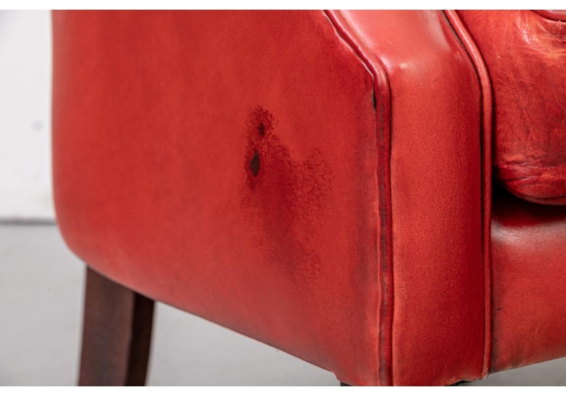 Country Incredible Pair Of Compatible Lipstick Red Leather Wing Chairs For Sale