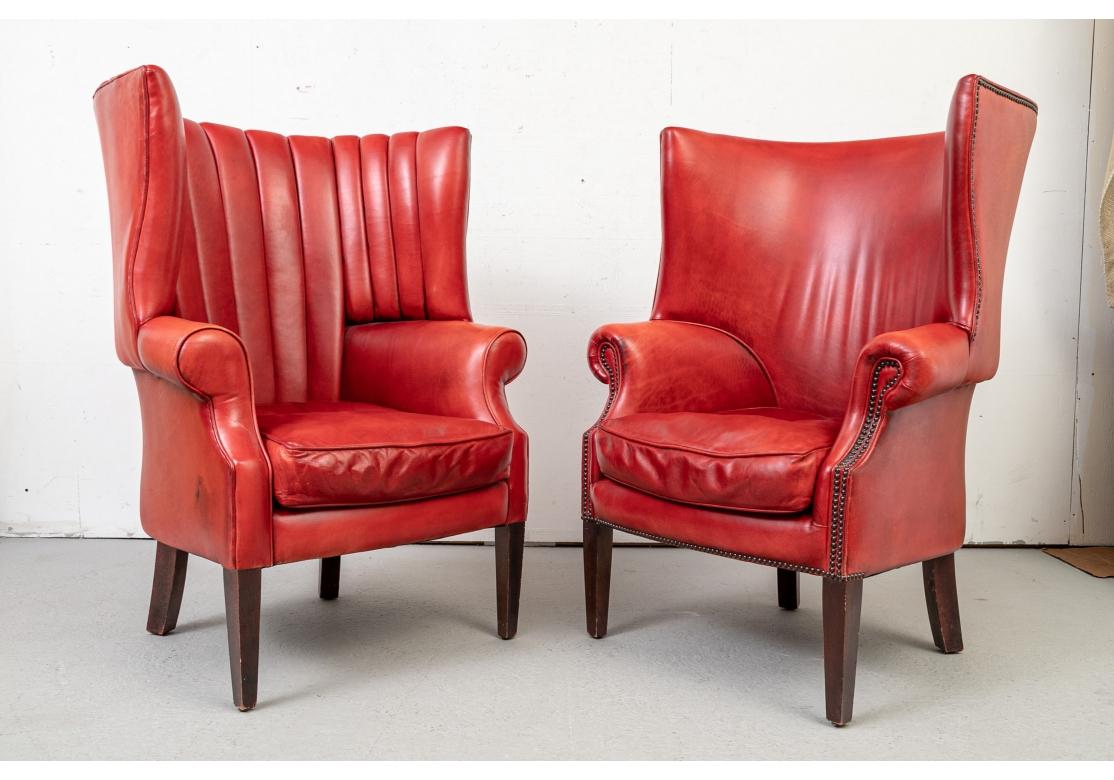 Incredible Pair Of Compatible Lipstick Red Leather Wing Chairs In Distressed Condition For Sale In Bridgeport, CT