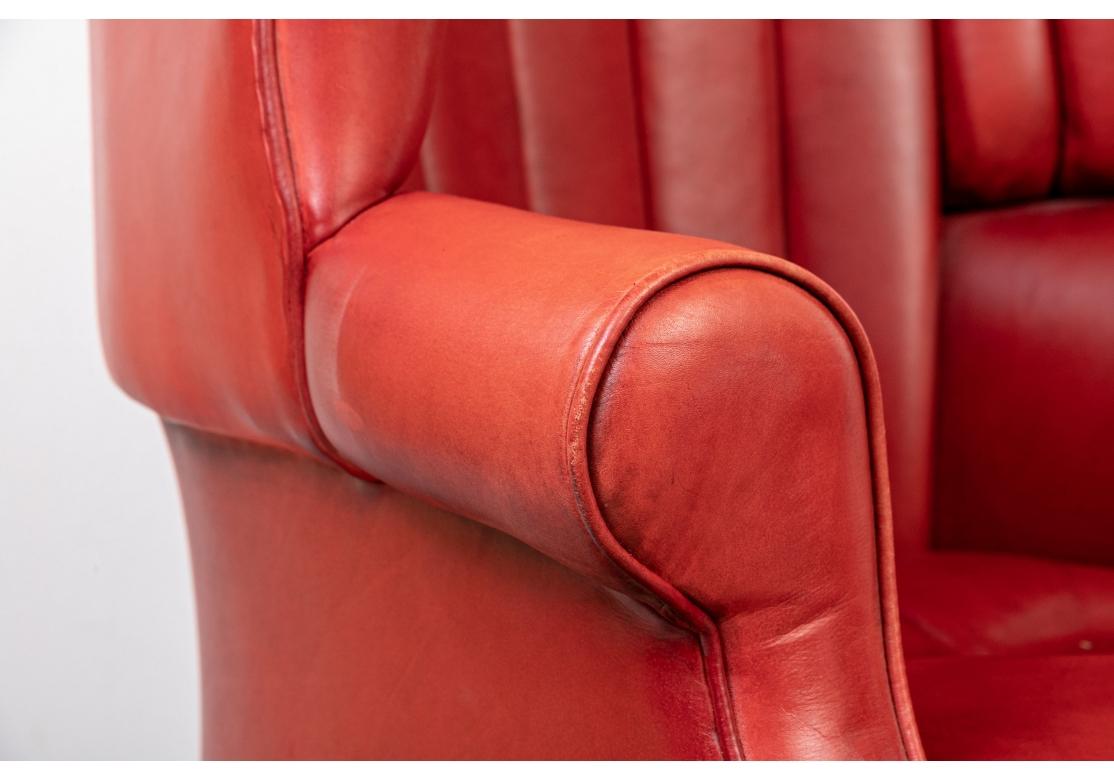 Incredible Pair Of Compatible Lipstick Red Leather Wing Chairs For Sale 2