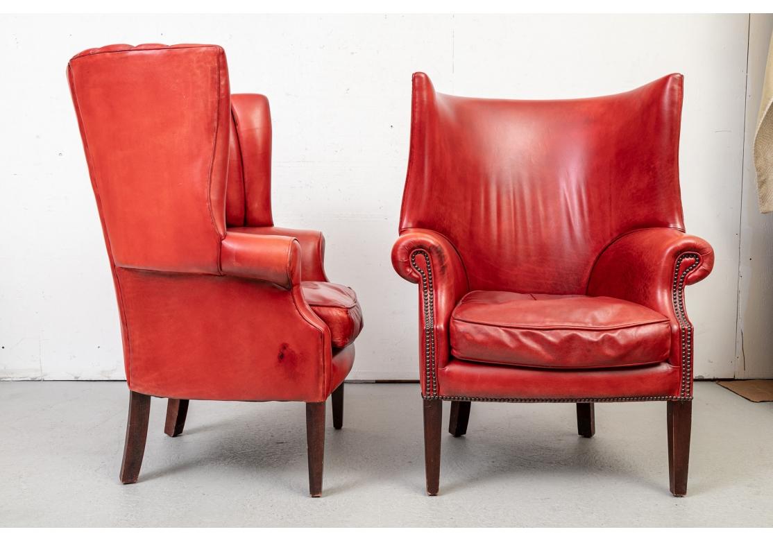 Incredible Pair Of Compatible Lipstick Red Leather Wing Chairs For Sale 3