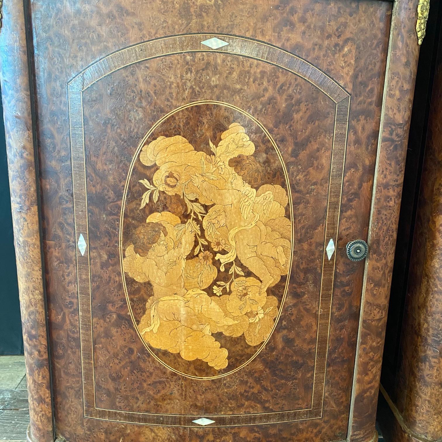 Incredible Pair of French Antique Marble Top Burlwood Inlaid Night Stands For Sale 5