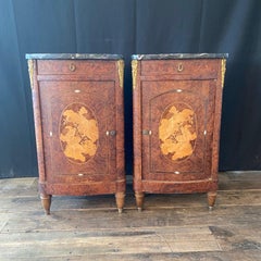 Incredible Pair of French Antique Marble Top Burlwood Inlaid Night Stands