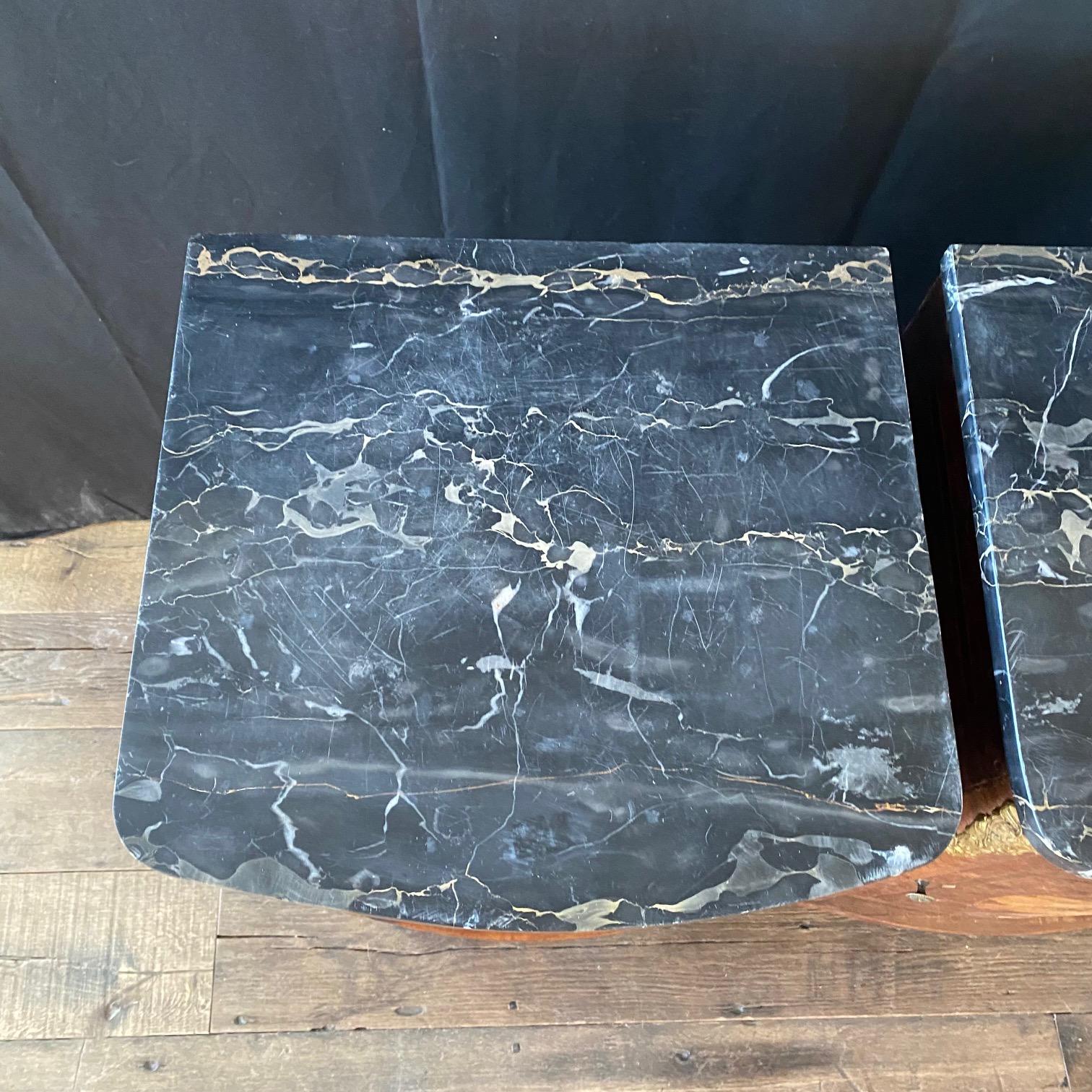 Incredible Pair of French Antique Marble Top Burlwood Inlaid Night Stands In Good Condition For Sale In Hopewell, NJ