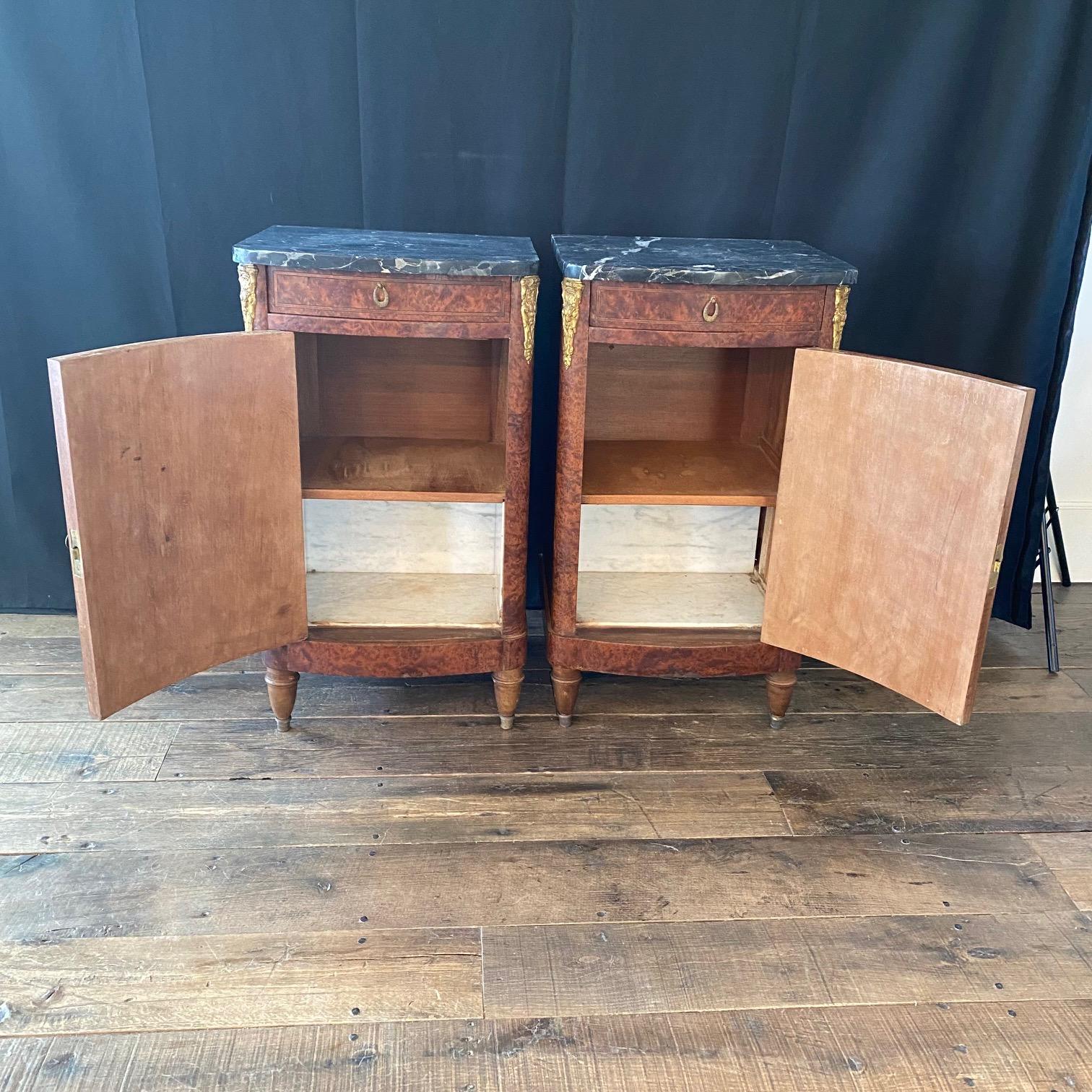 Early 20th Century Incredible Pair of French Antique Marble Top Burlwood Inlaid Night Stands For Sale