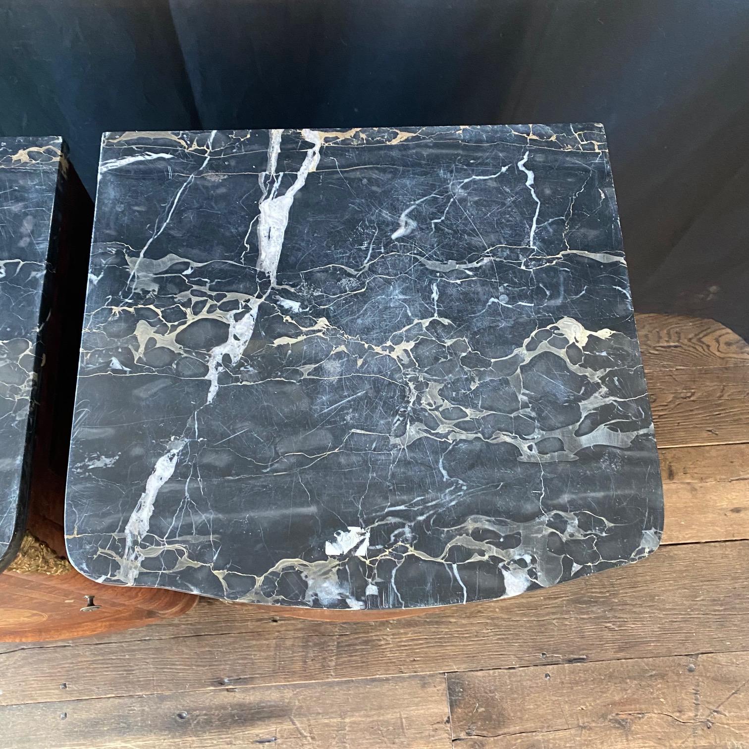 Incredible Pair of French Antique Marble Top Burlwood Inlaid Night Stands For Sale 2