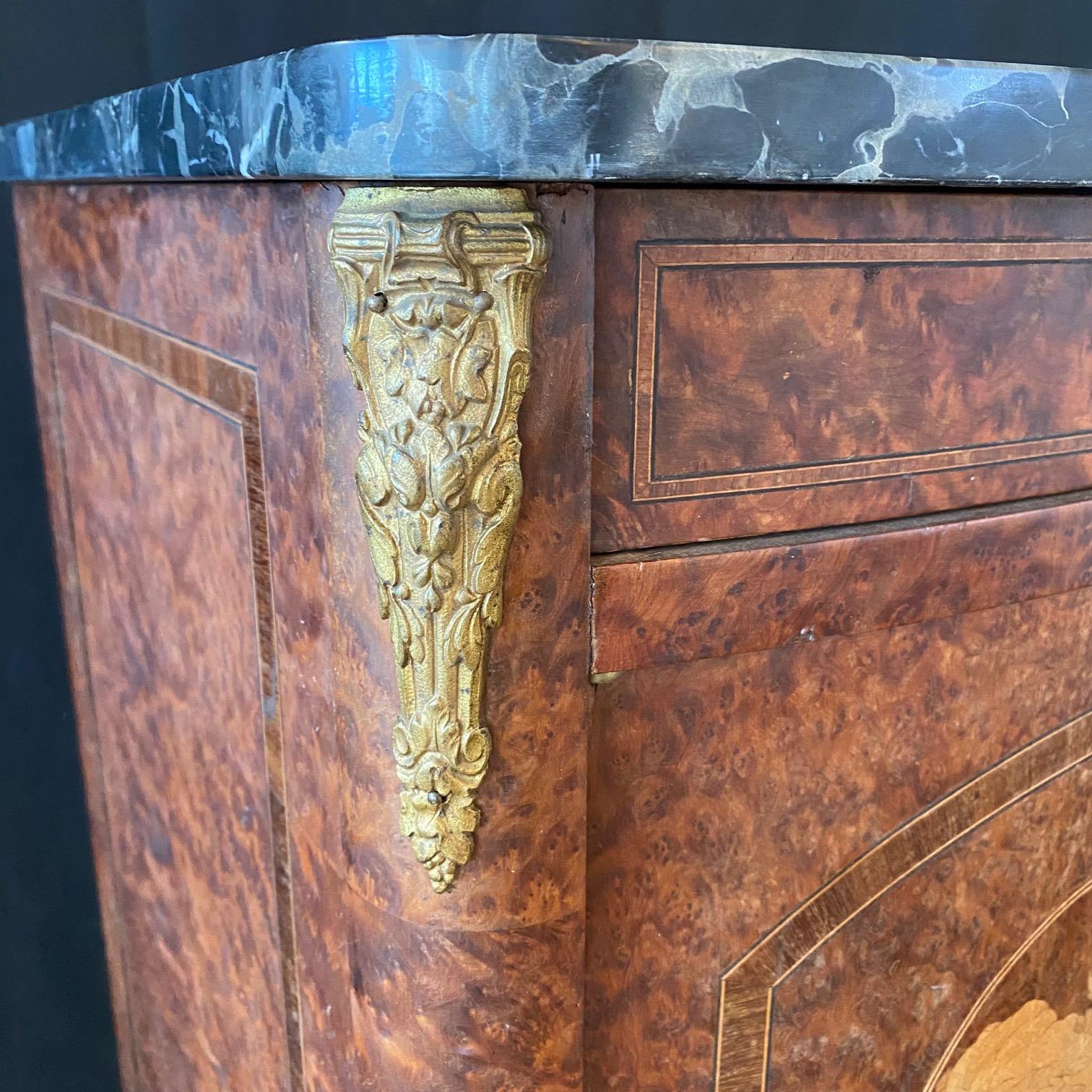 Incredible Pair of French Antique Marble Top Burlwood Inlaid Night Stands For Sale 3
