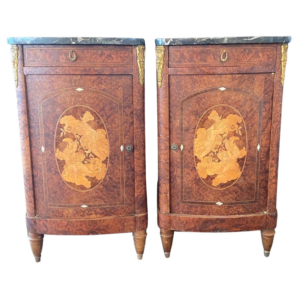 Incredible Pair of French Antique Marble Top Burlwood Inlaid Night Stands  For Sale