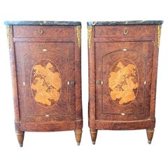 Incredible Pair of French Antique Marble Top Burlwood Inlaid Night Stands 
