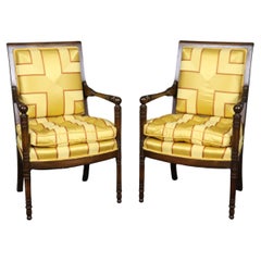 Incredible Pair of French Empire Style Walnut and Vibrant Yellow Bergere Chairs