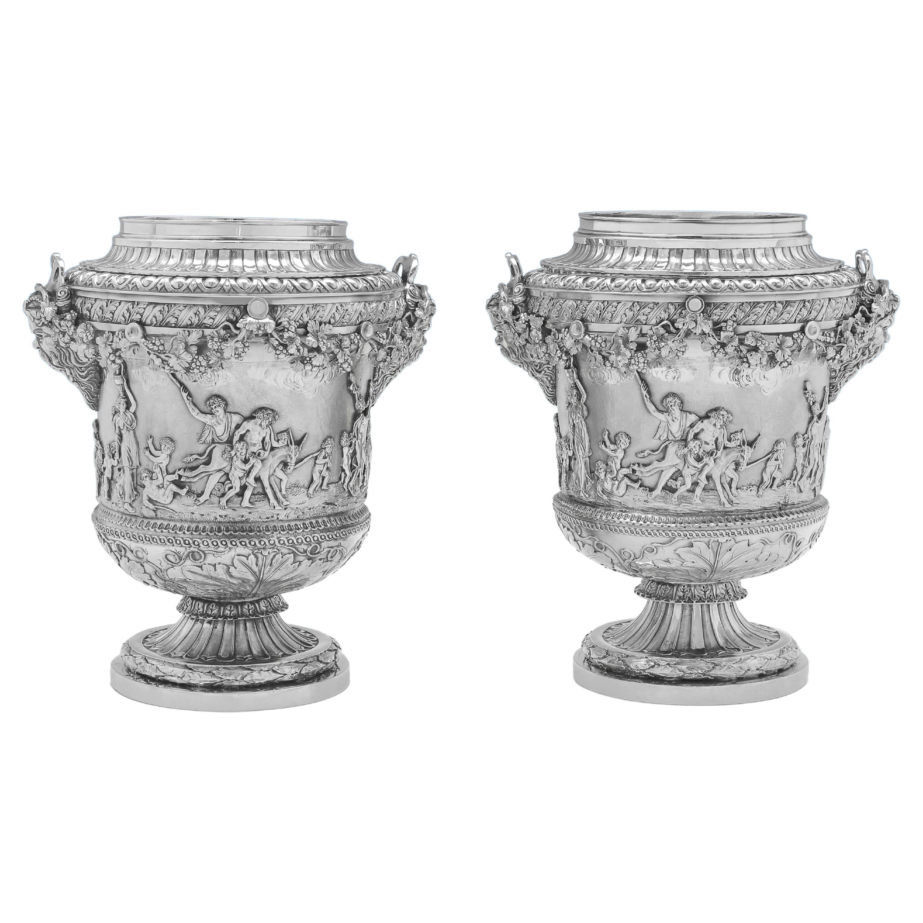 Incredible Pair of George III Period Sterling Silver Wine Coolers, London, 1804 For Sale