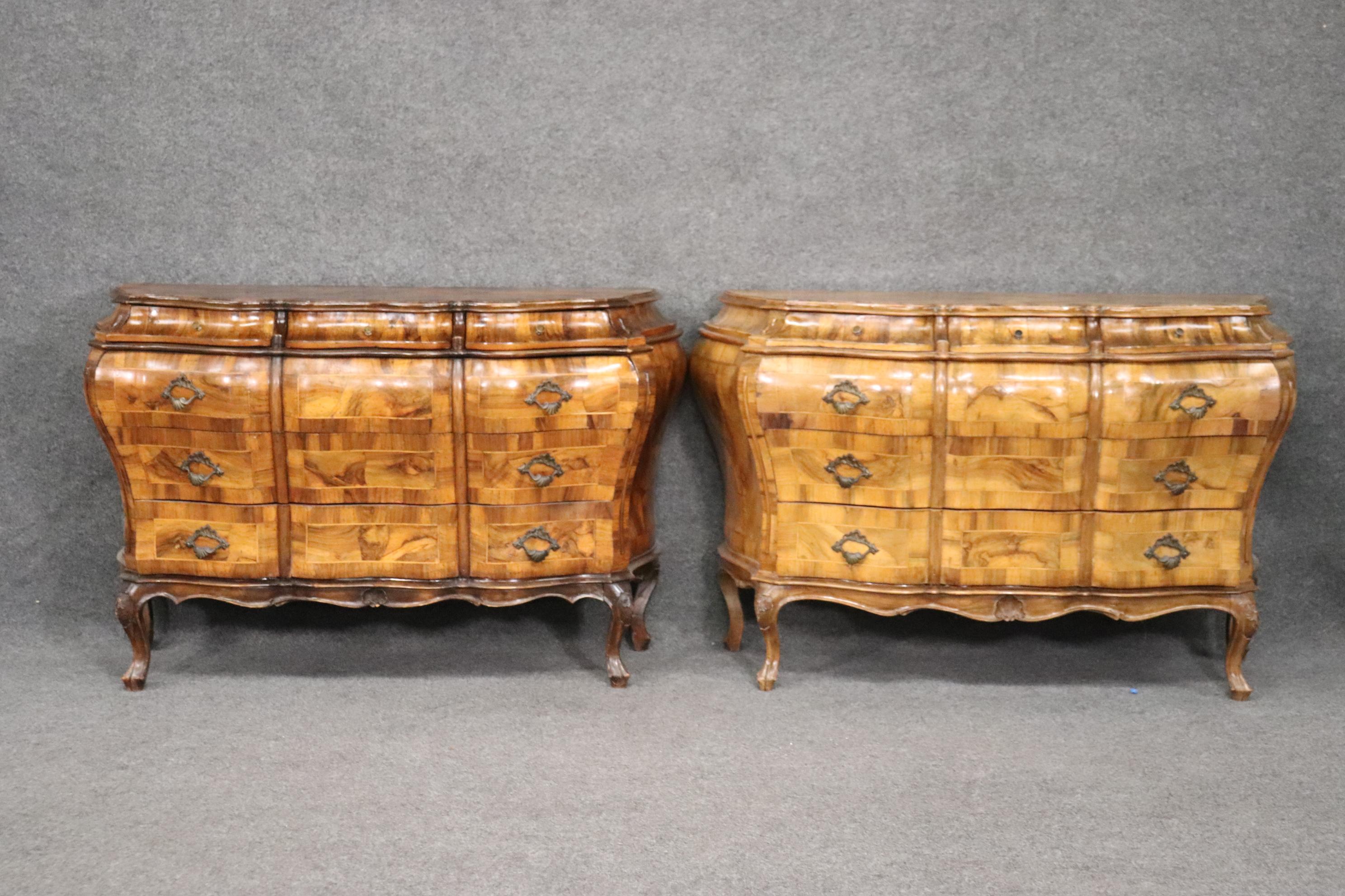 Rococo Revival Incredible Pair of Italian Provincial Olivewood Rococo Bombe Commodes