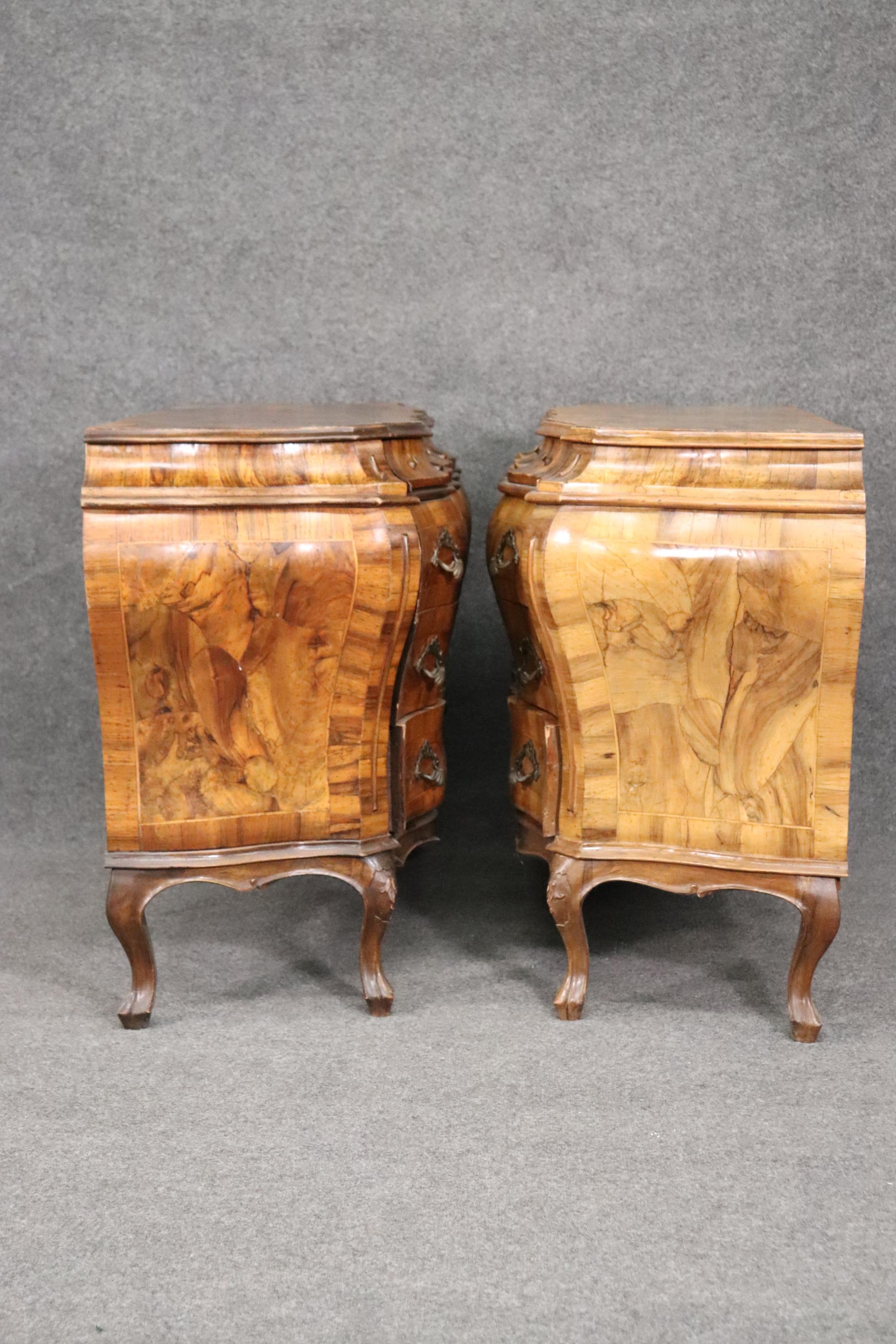 Incredible Pair of Italian Provincial Olivewood Rococo Bombe Commodes 1