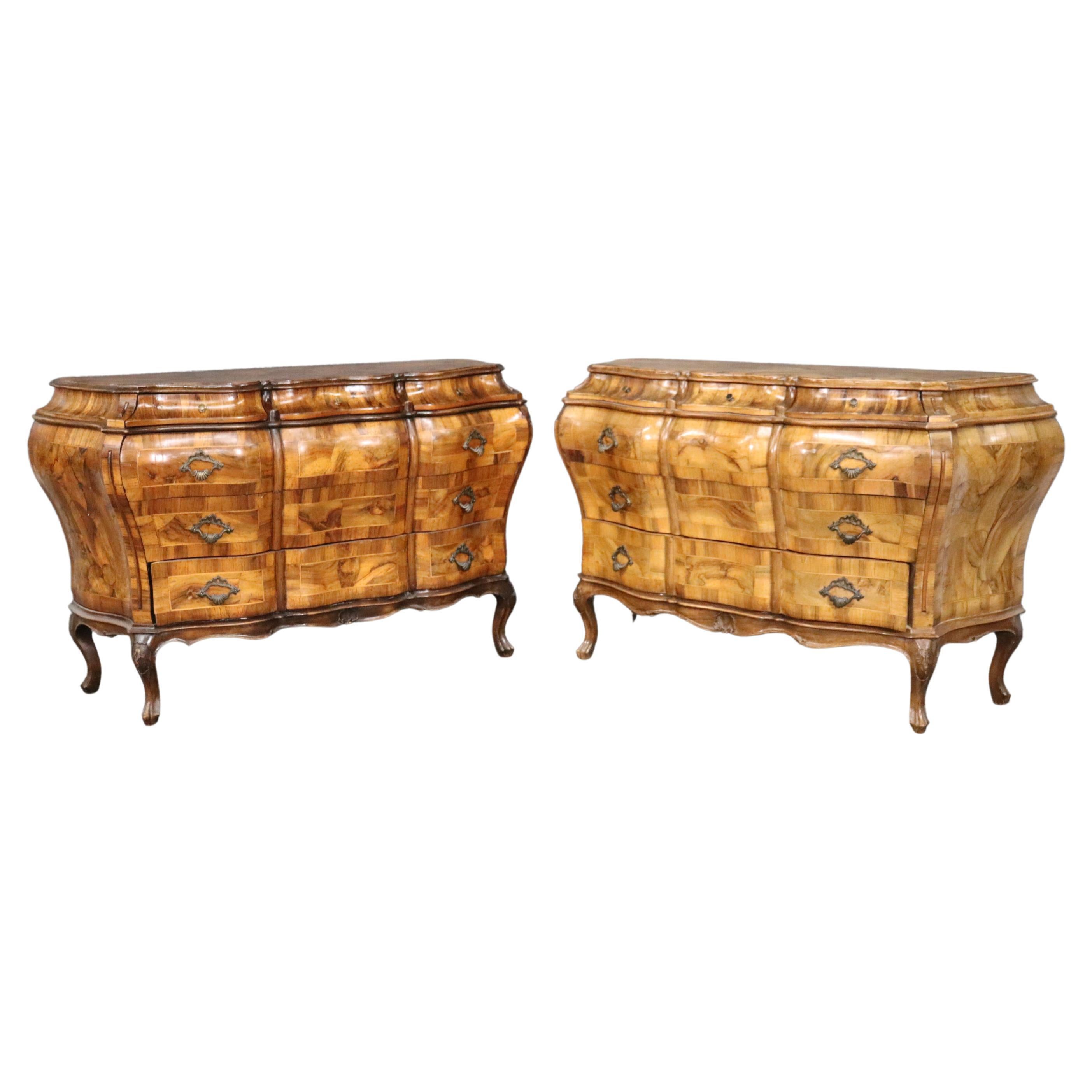 Incredible Pair of Italian Provincial Olivewood Rococo Bombe Commodes