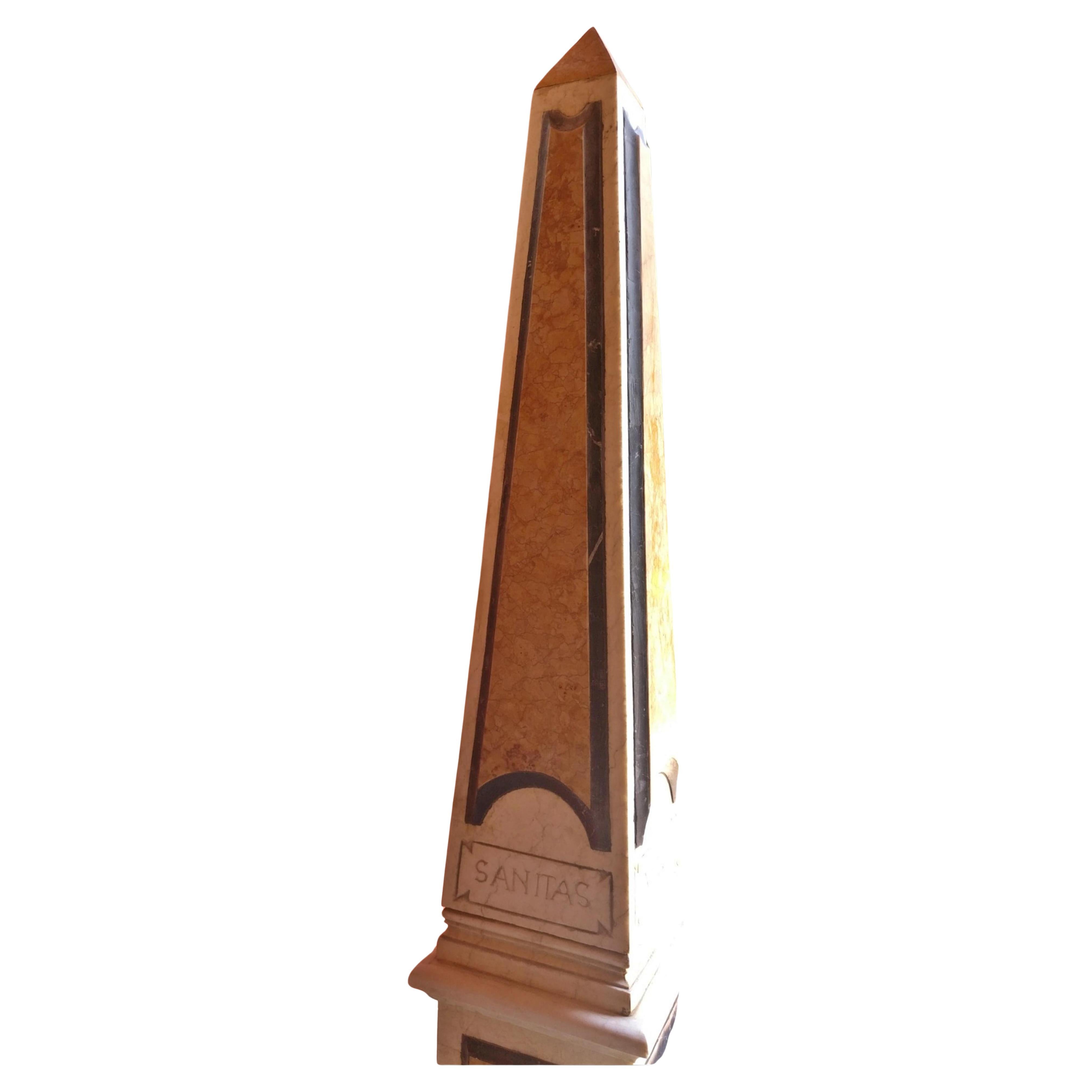 Baroque Incredible Pair of Large Polychrome Marble Obelisks with Latin Inlays - H 215 cm For Sale