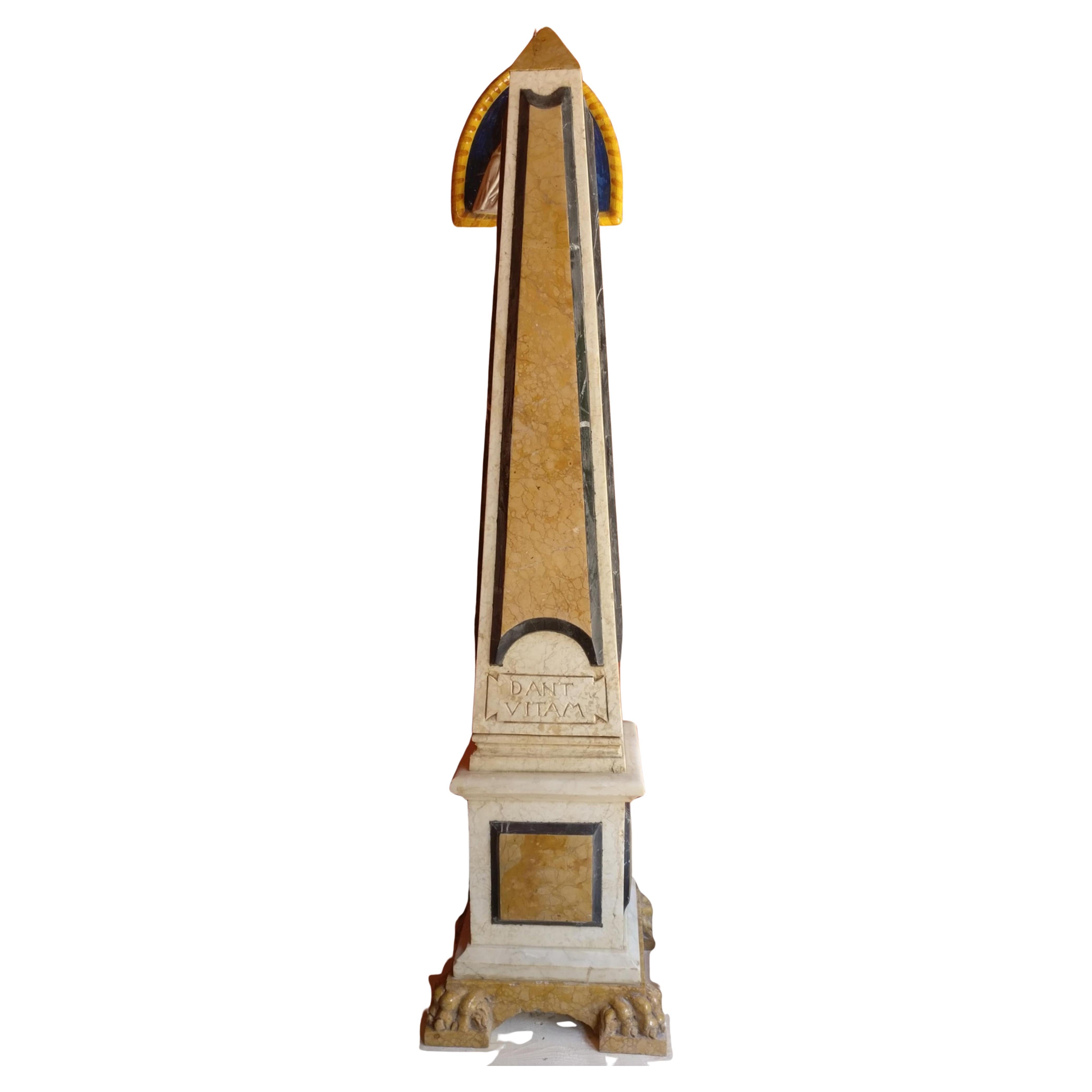 Italian Incredible Pair of Large Polychrome Marble Obelisks with Latin Inlays - H 215 cm For Sale