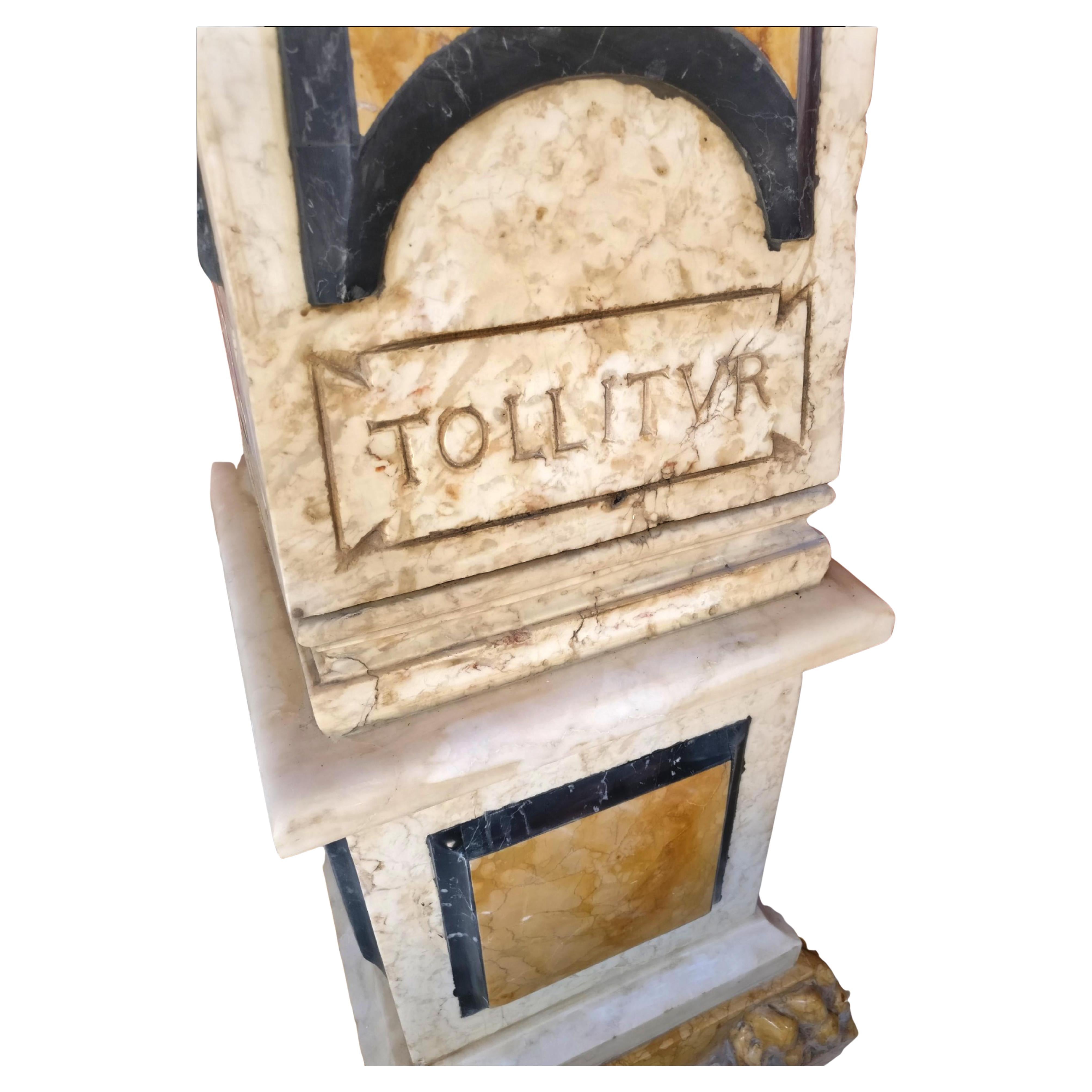 Hand-Crafted Incredible Pair of Large Polychrome Marble Obelisks with Latin Inlays - H 215 cm For Sale