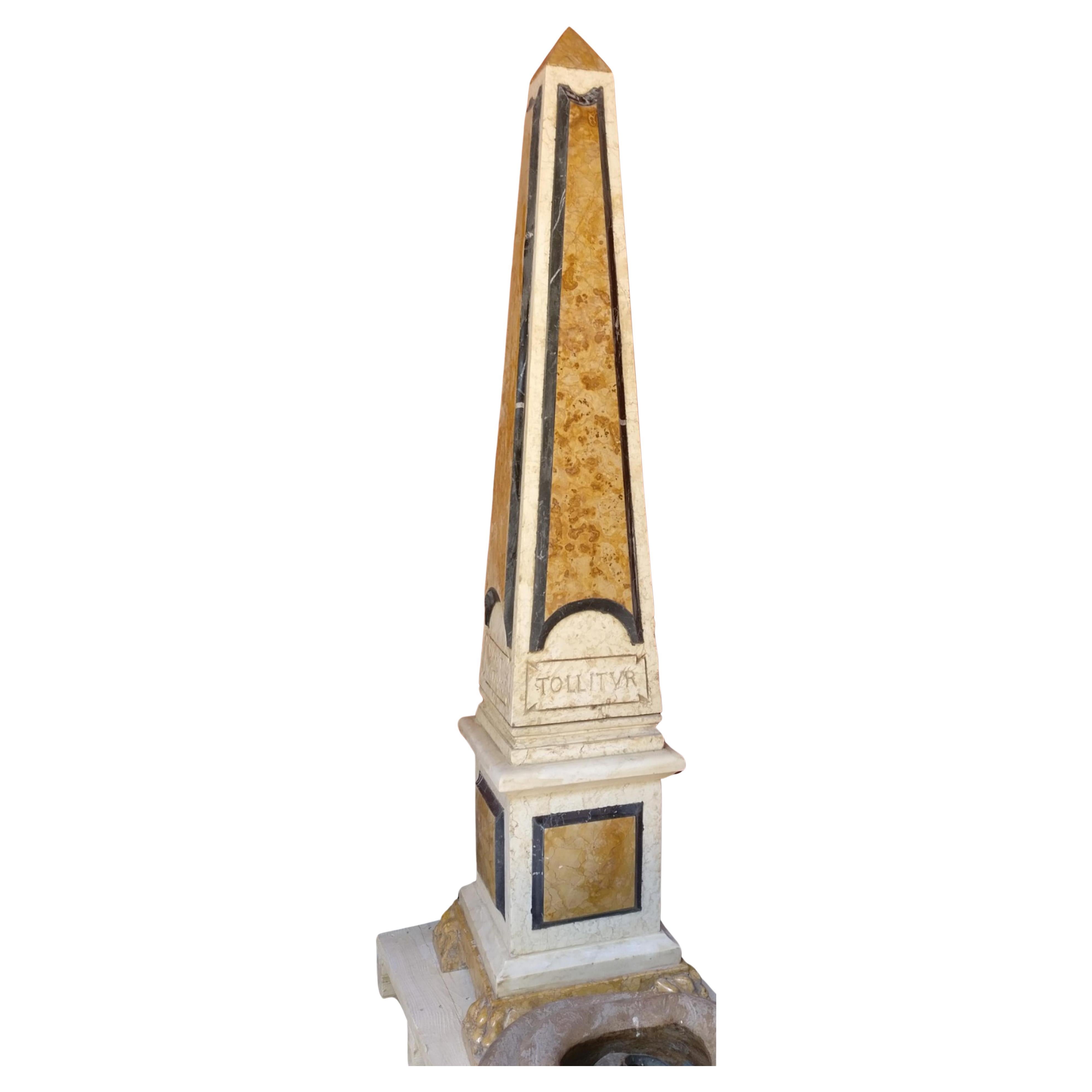 19th Century Incredible Pair of Large Polychrome Marble Obelisks with Latin Inlays - H 215 cm For Sale