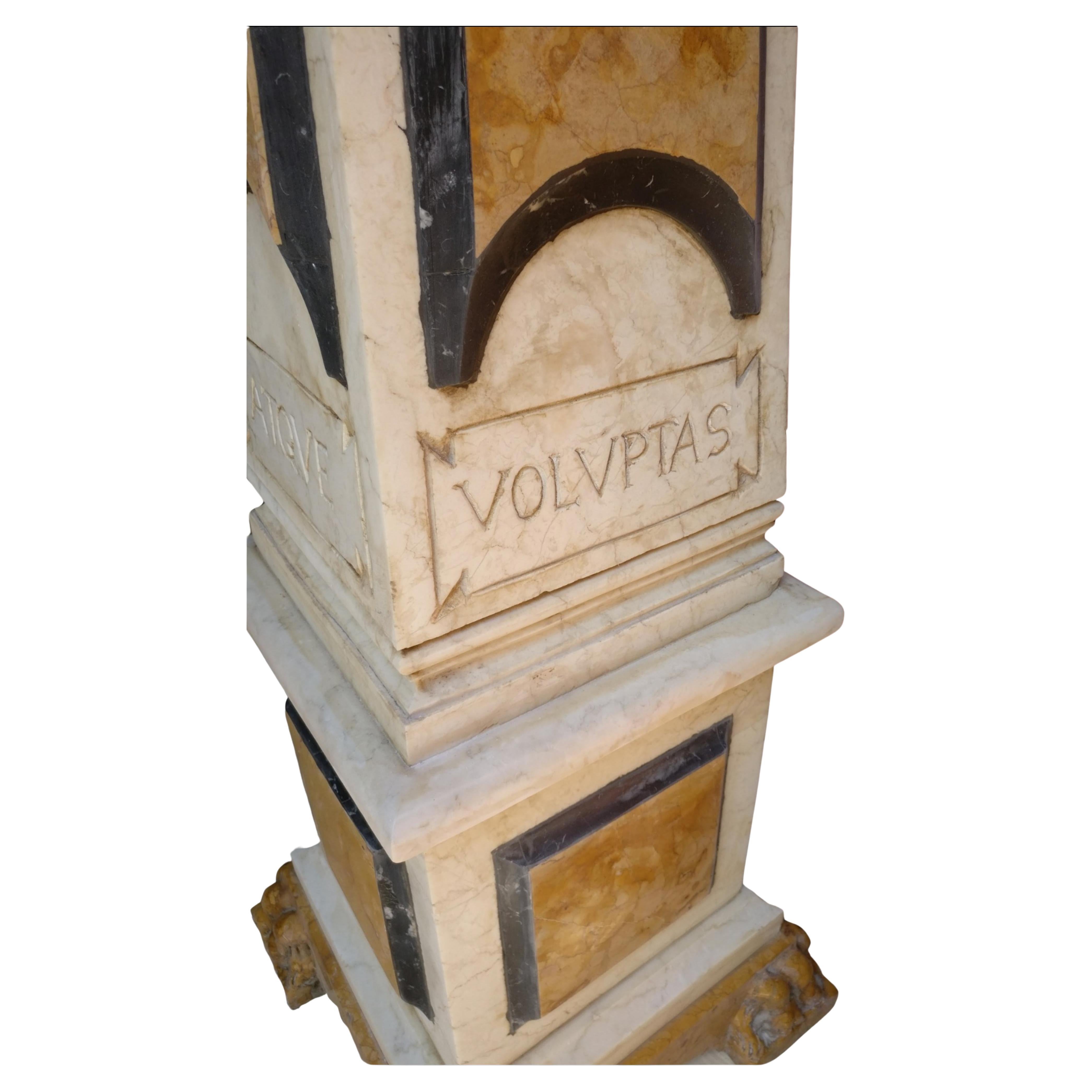 Incredible Pair of Large Polychrome Marble Obelisks with Latin Inlays - H 215 cm For Sale 1