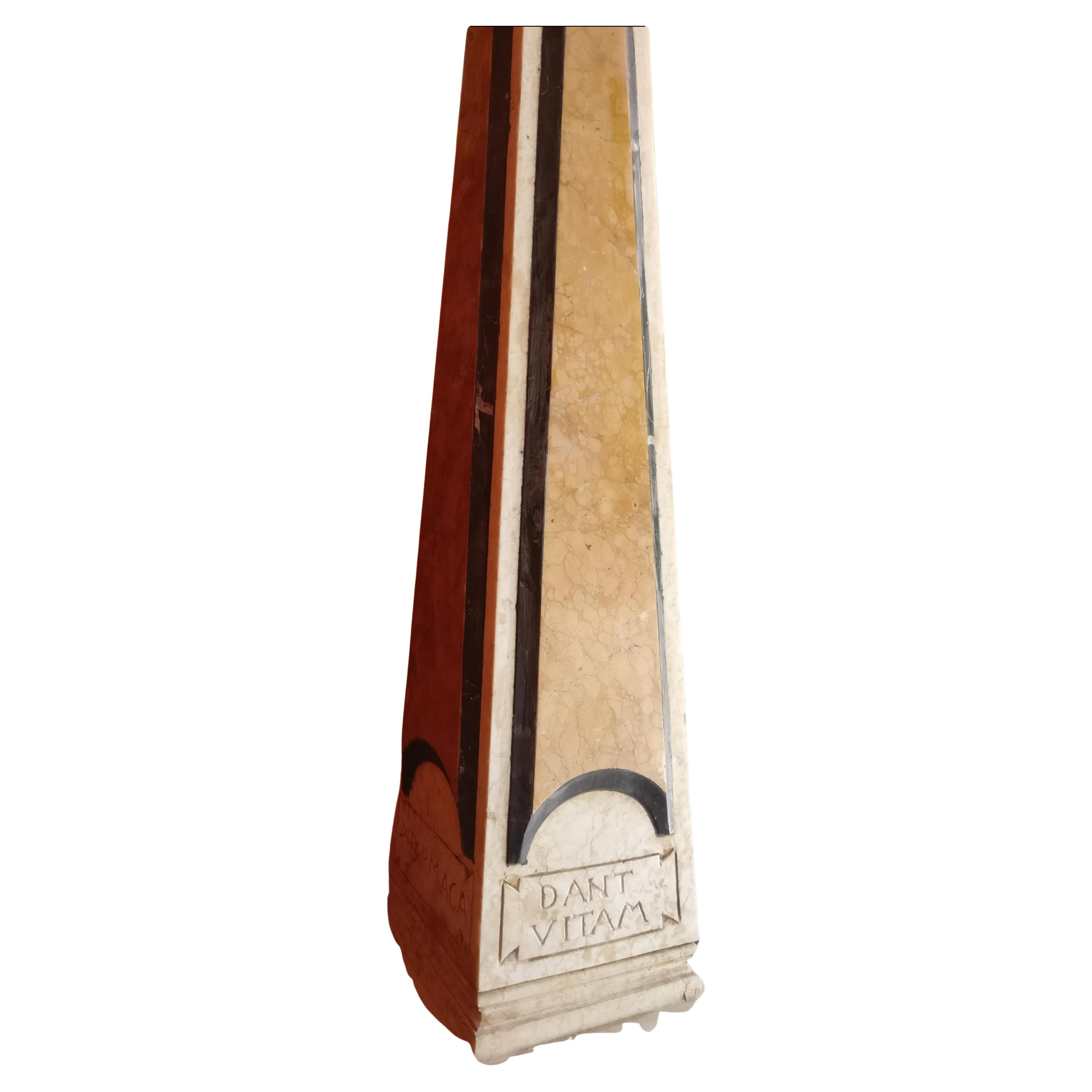 Incredible Pair of Large Polychrome Marble Obelisks with Latin Inlays - H 215 cm For Sale 2