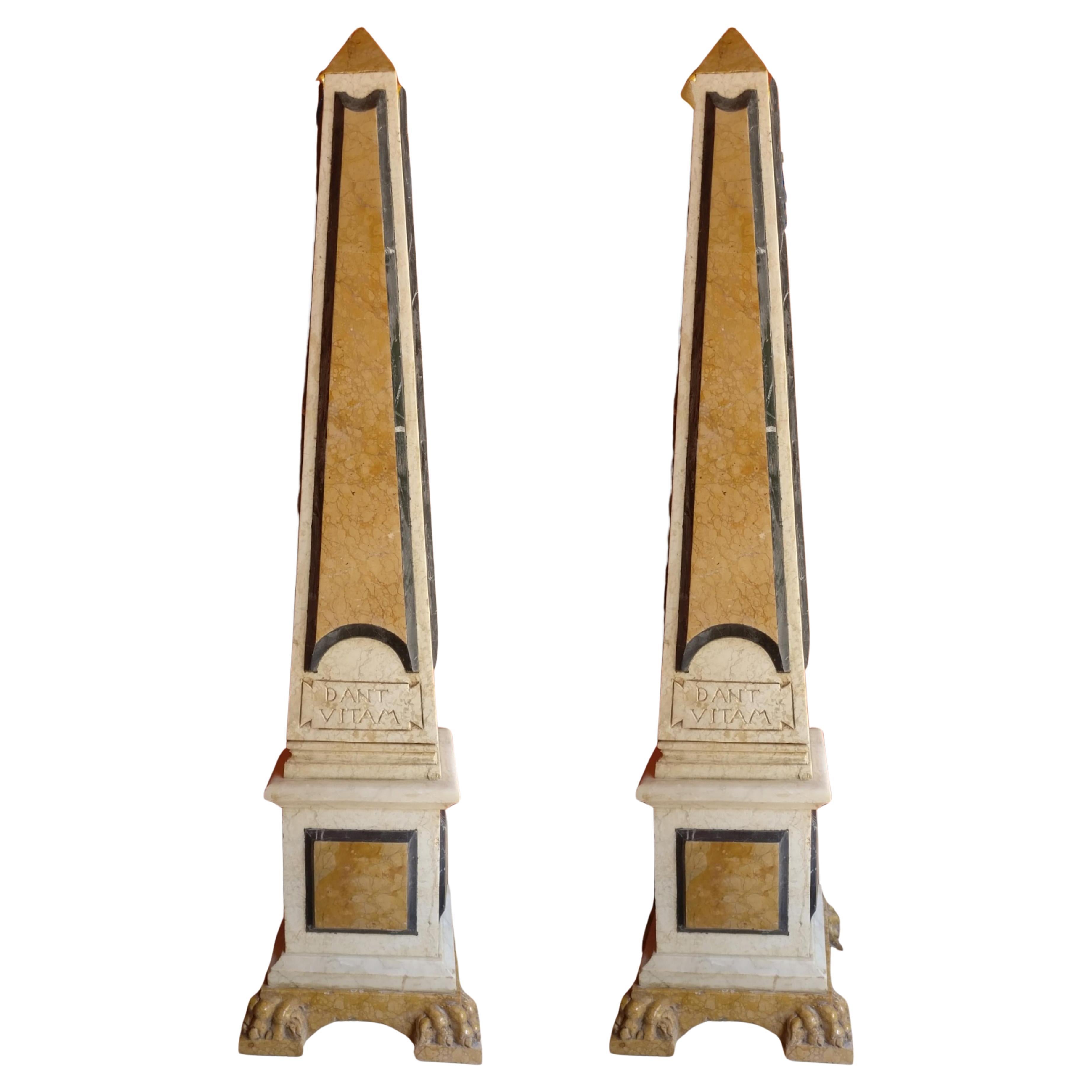 Incredible Pair of Large Polychrome Marble Obelisks with Latin Inlays - H 215 cm For Sale