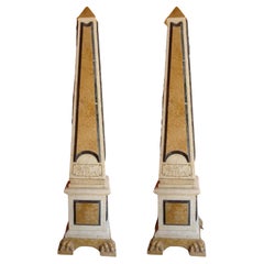 Antique Incredible Pair of Large Polychrome Marble Obelisks with Latin Inlays - H 215 cm