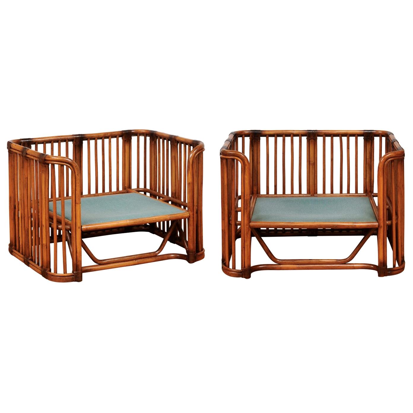 Incredible Pair of Large Scale Rattan Cube Loungers by Brown Jordan, circa 1980 For Sale