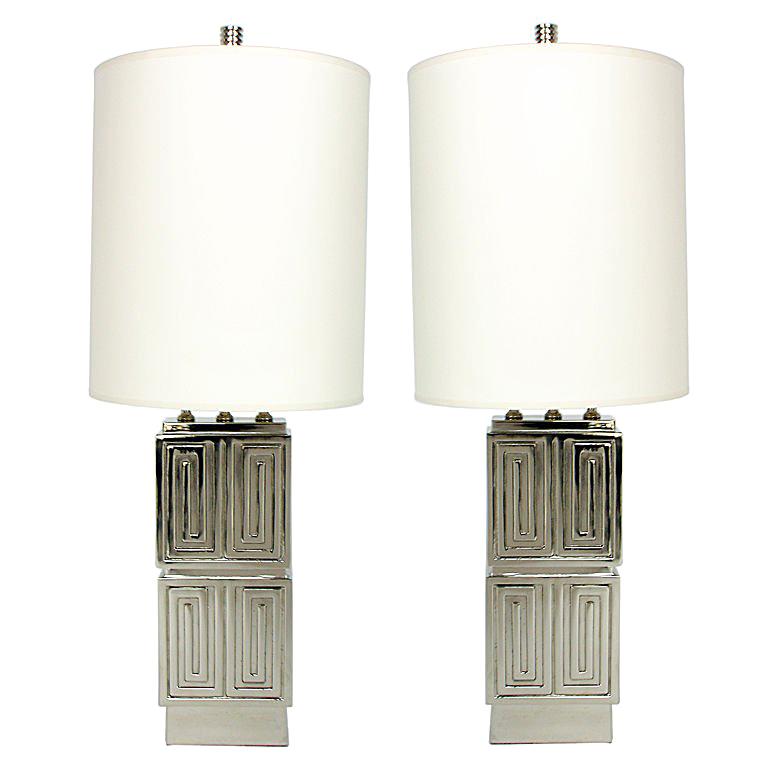 Incredible Pair of Nickel Plated 1940's Lamps - Greek Key Design
