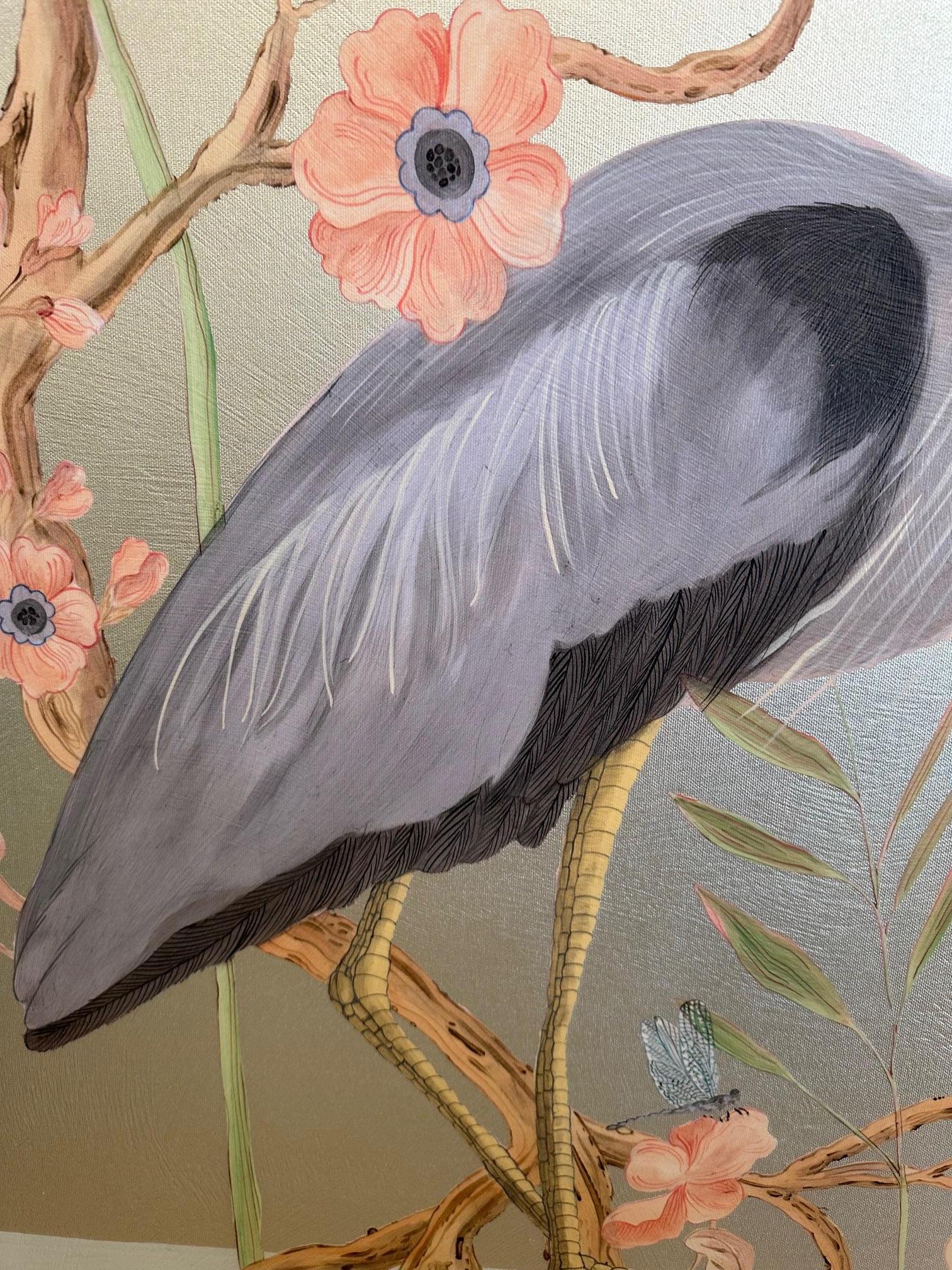 Incroyable paire de peintures d'oiseaux de chasse sur toile dans des tons sourds en vente 9
