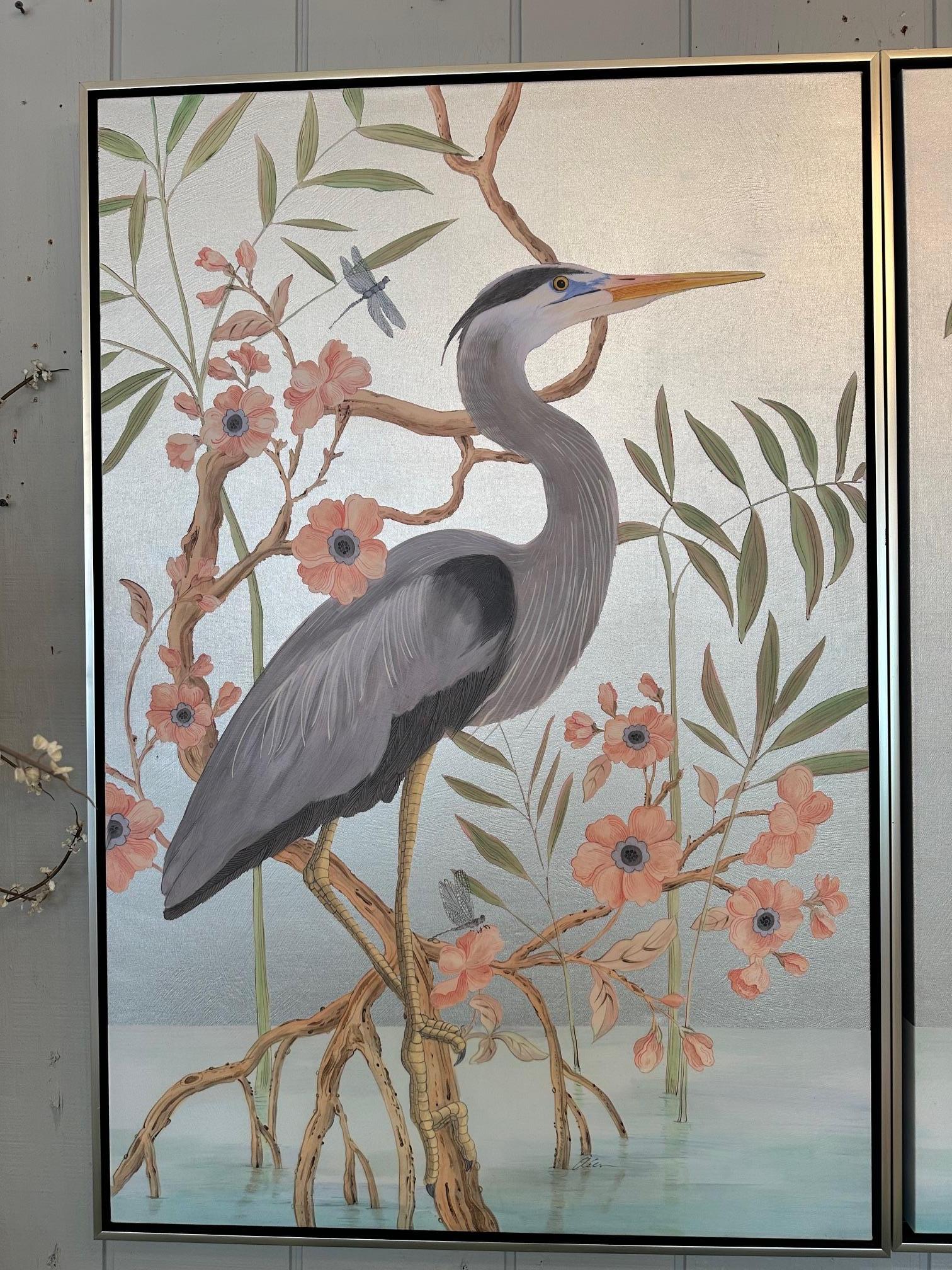 Impressive large pair of elegant paintings of grey shore birds having an Oriental feel in muted color palette of light green, silver greys, celadon and light terracotta.  Gorgeous details and soft peaceful vibe.  Signed.  Love the dragonflies!