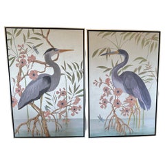 Incredible Pair of Paintings of Shore Birds on Canvas in Muted Tones