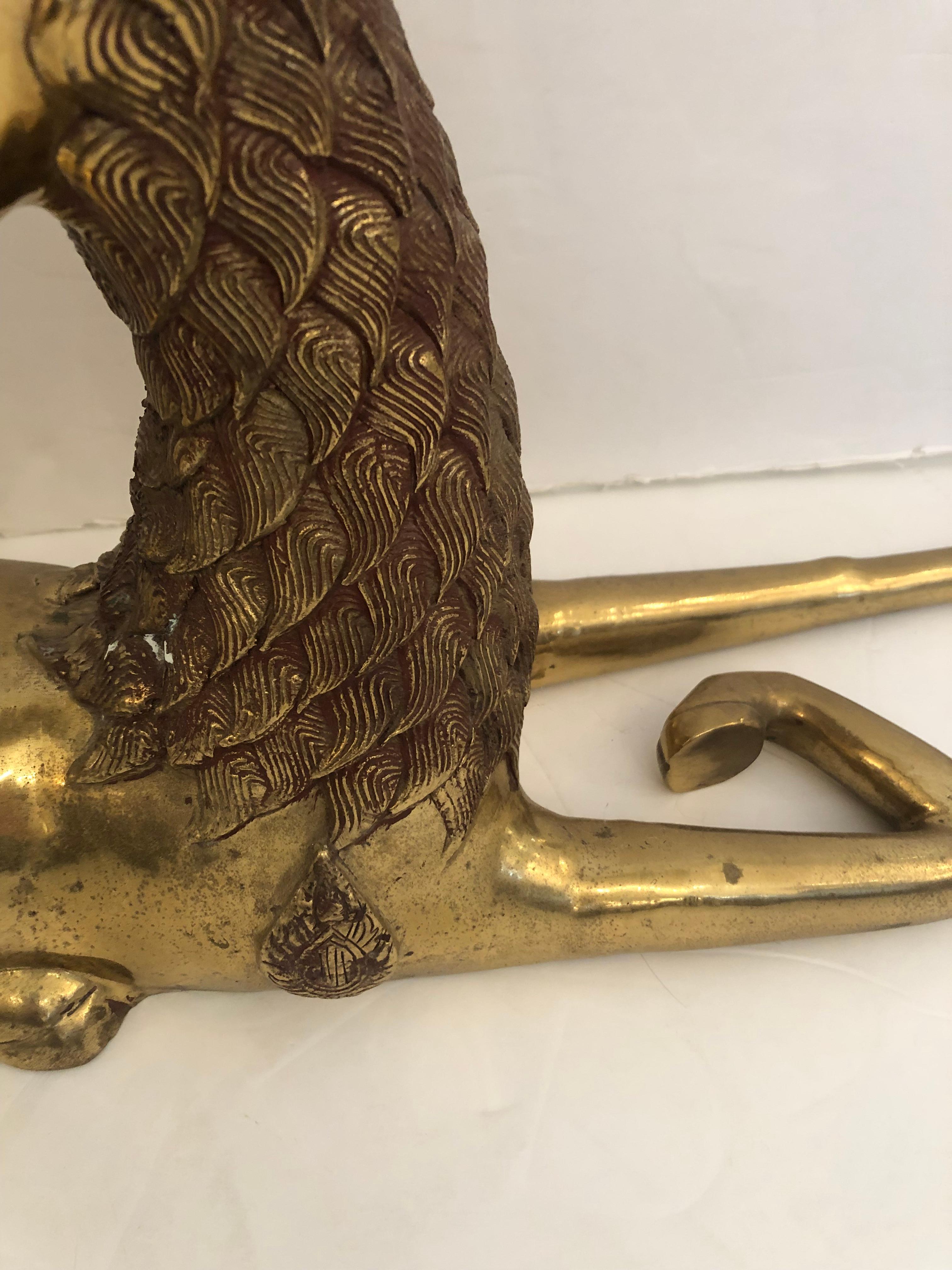 Incredible Pair of Solid Brass Reclining Stags with Impressive Antlers For Sale 3