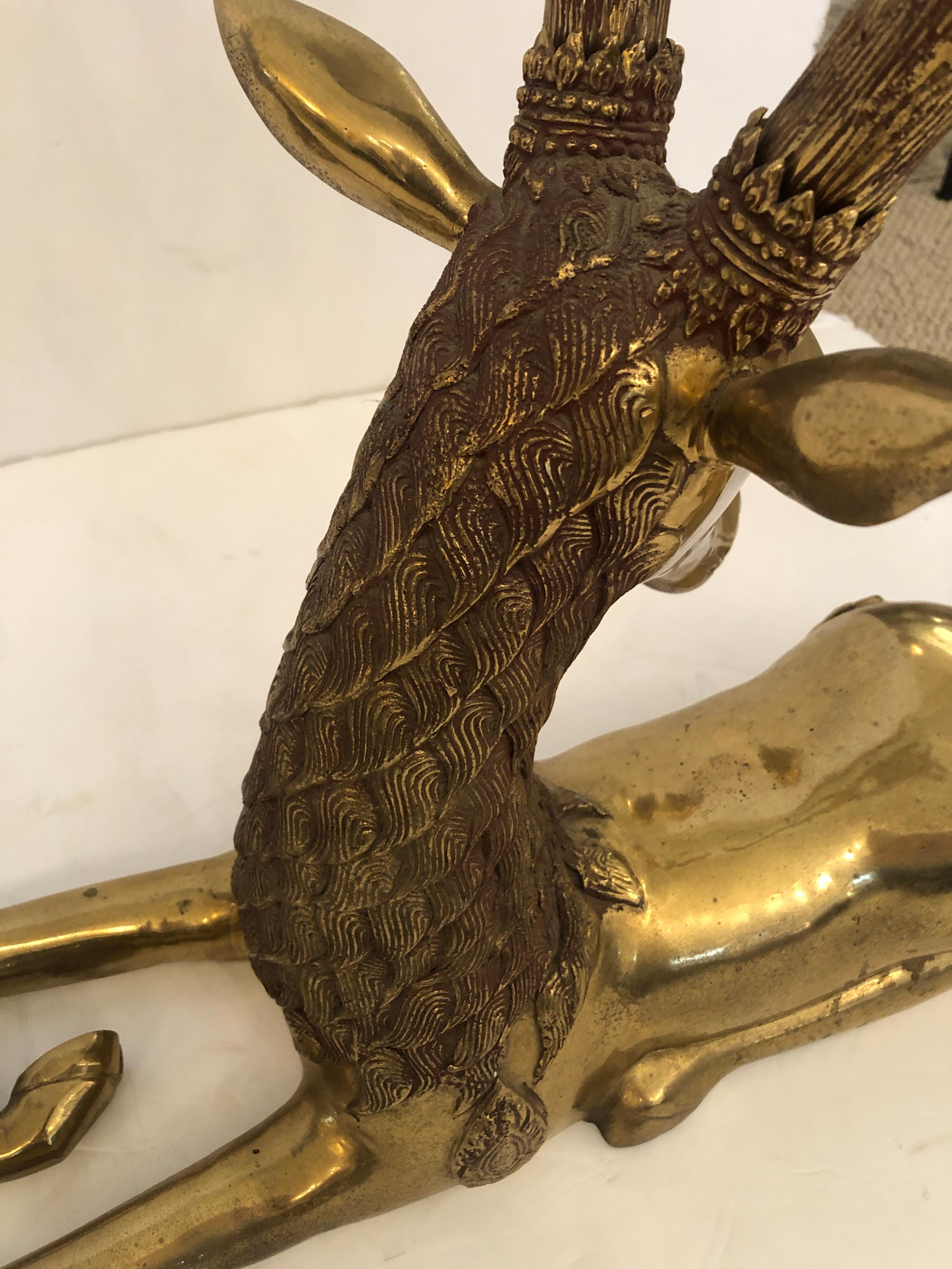 Incredible Pair of Solid Brass Reclining Stags with Impressive Antlers For Sale 4
