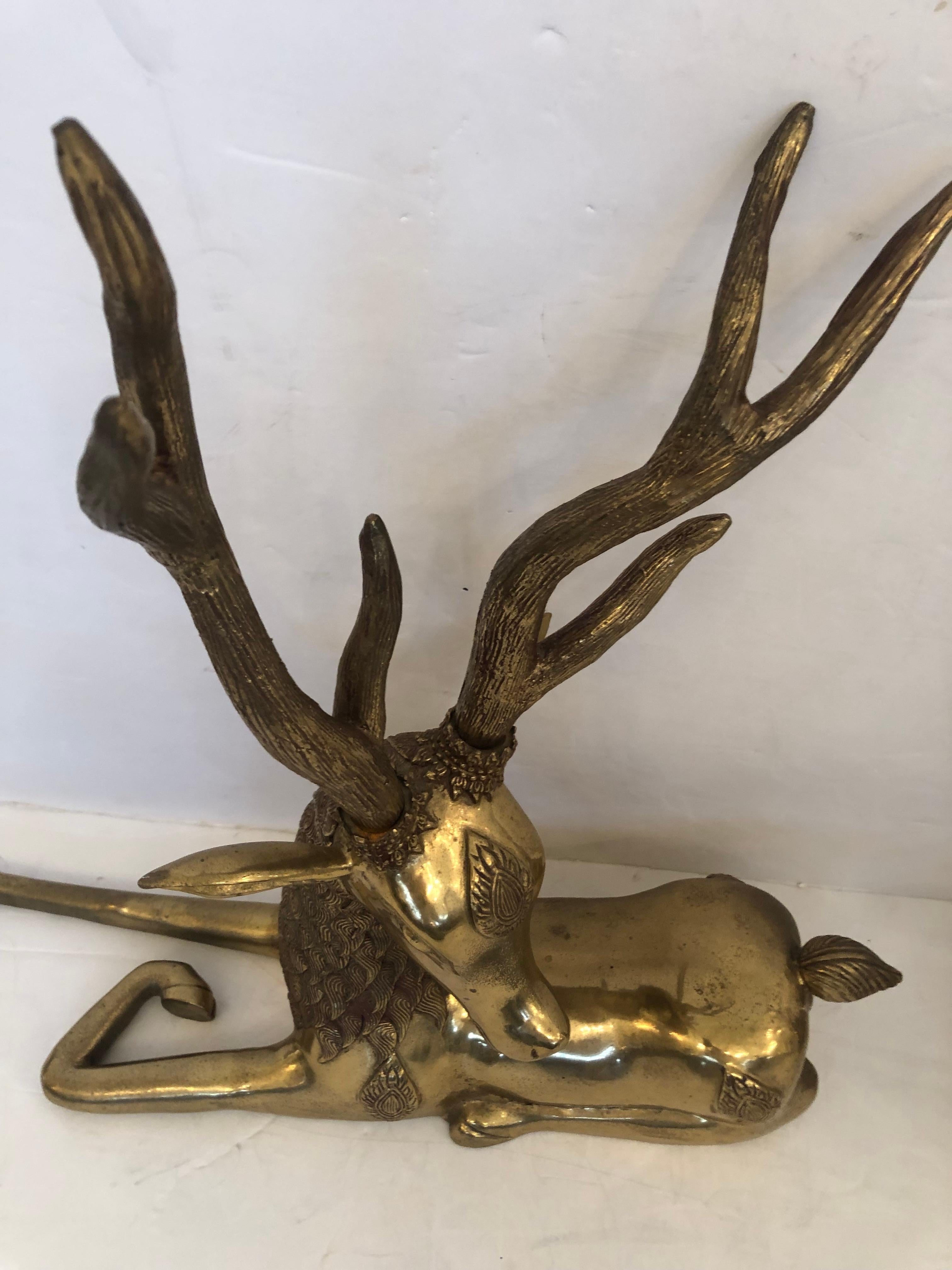Incredible Pair of Solid Brass Reclining Stags with Impressive Antlers For Sale 5
