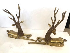 Incredible Pair of Solid Brass Reclining Stags with Impressive Antlers