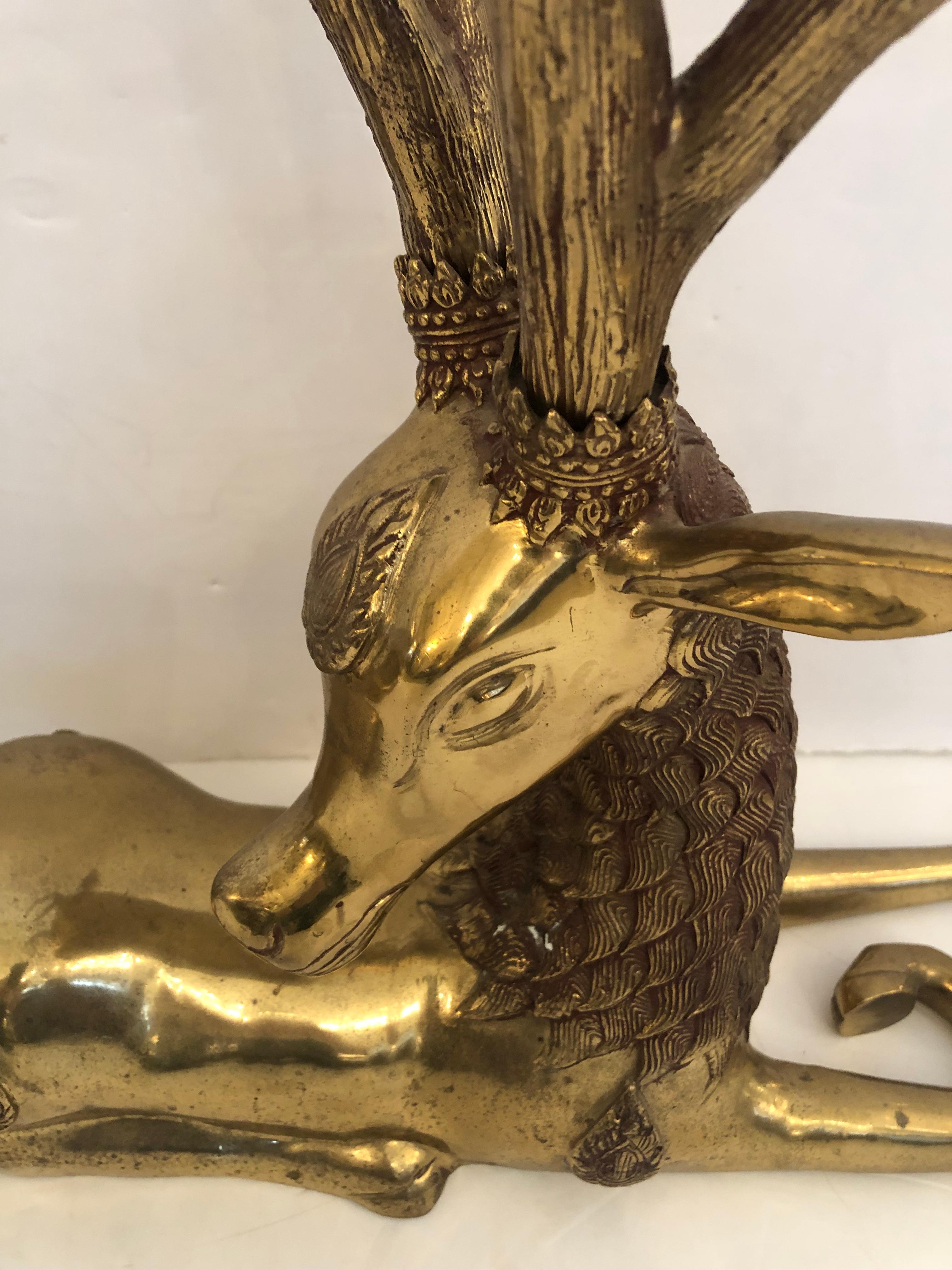 Chinese Export Incredible Pair of Solid Brass Reclining Stags with Impressive Antlers For Sale