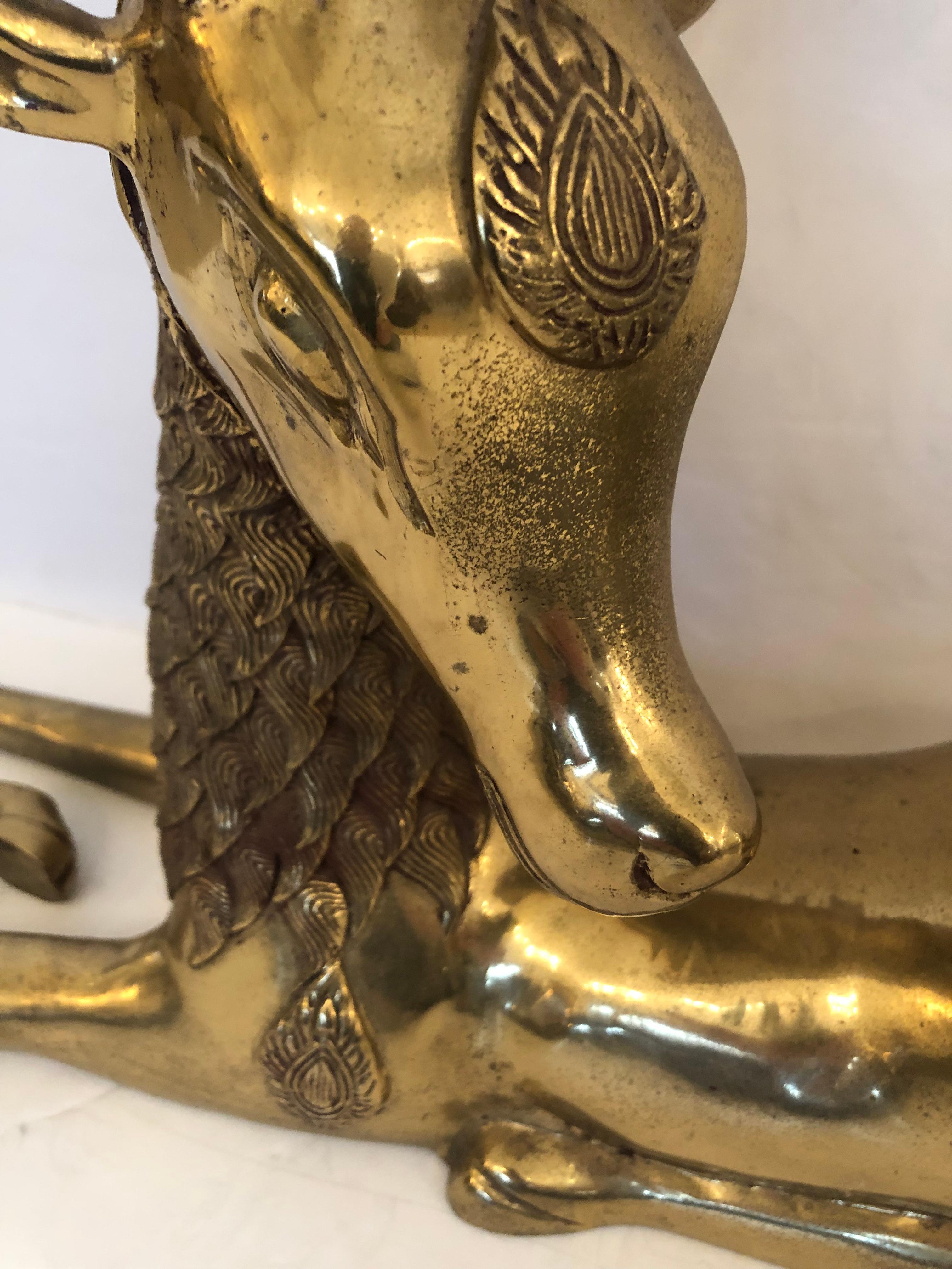 Incredible Pair of Solid Brass Reclining Stags with Impressive Antlers In Good Condition For Sale In Hopewell, NJ
