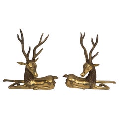 Incredible Pair of Solid Brass Reclining Stags with Impressive Antlers