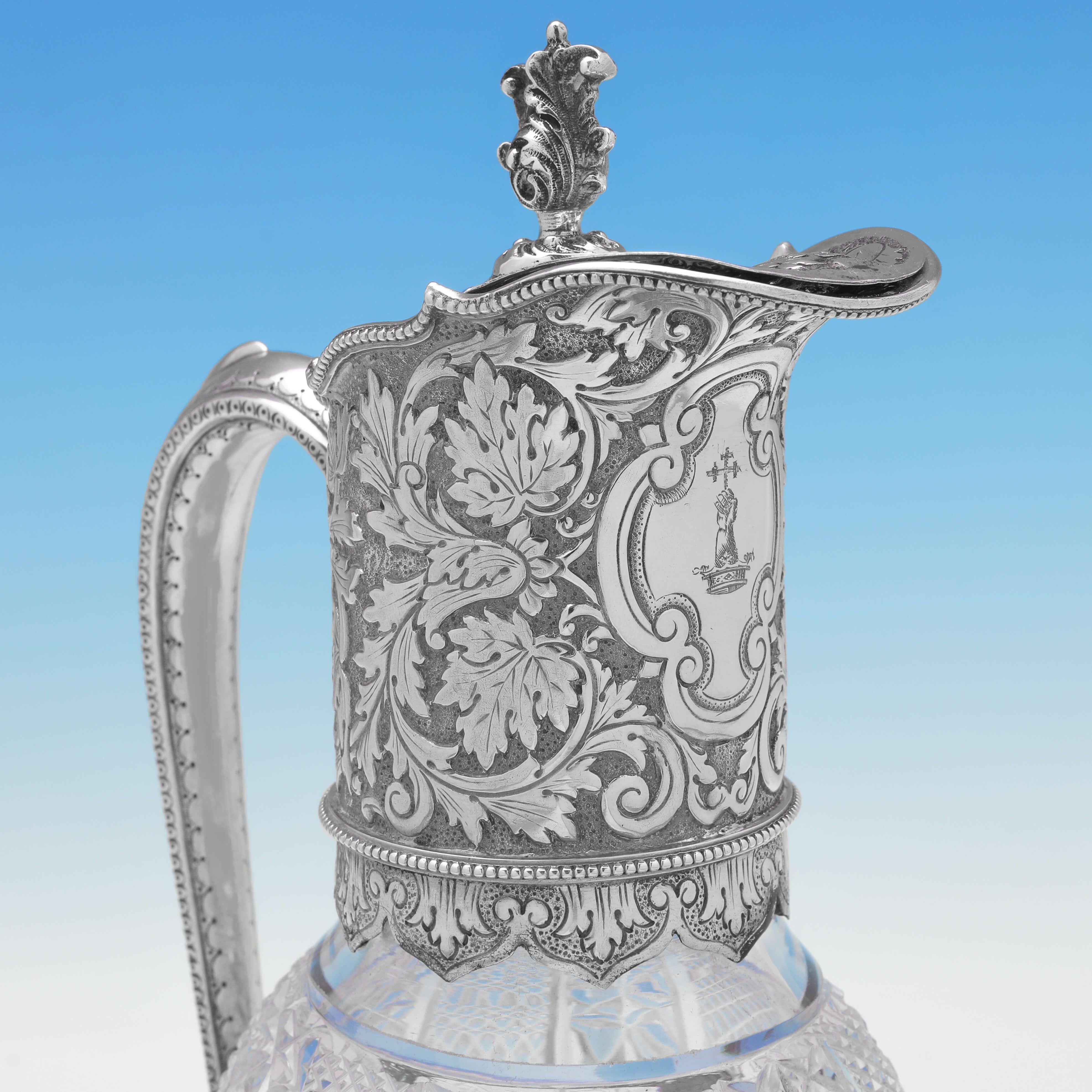 English Incredible Pair of Victorian Sterling Silver Claret Jugs Made in London in 1889 For Sale
