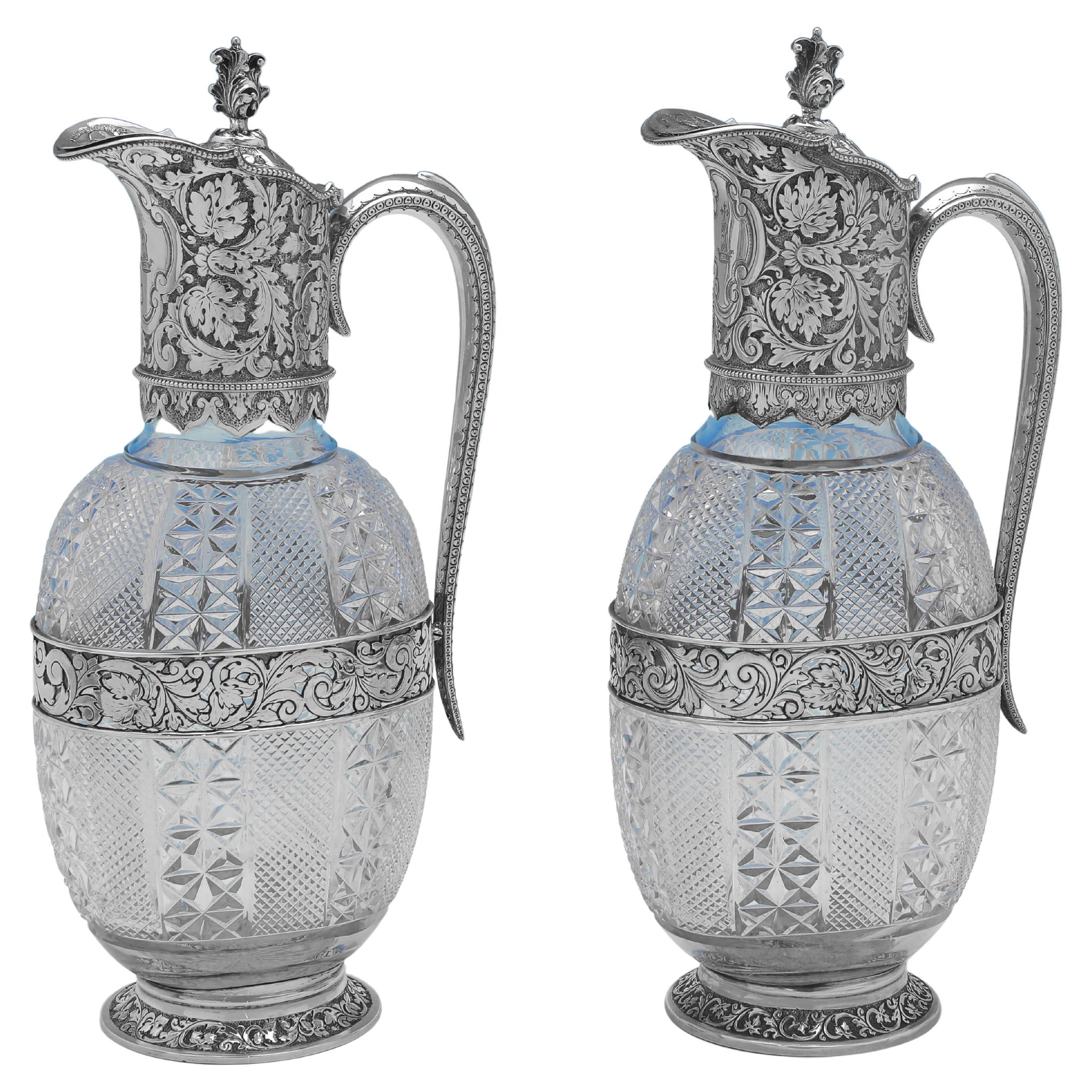 Incredible Pair of Victorian Sterling Silver Claret Jugs Made in London in 1889 For Sale