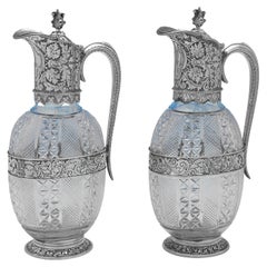 Incredible Pair of Victorian Sterling Silver Claret Jugs Made in London in 1889